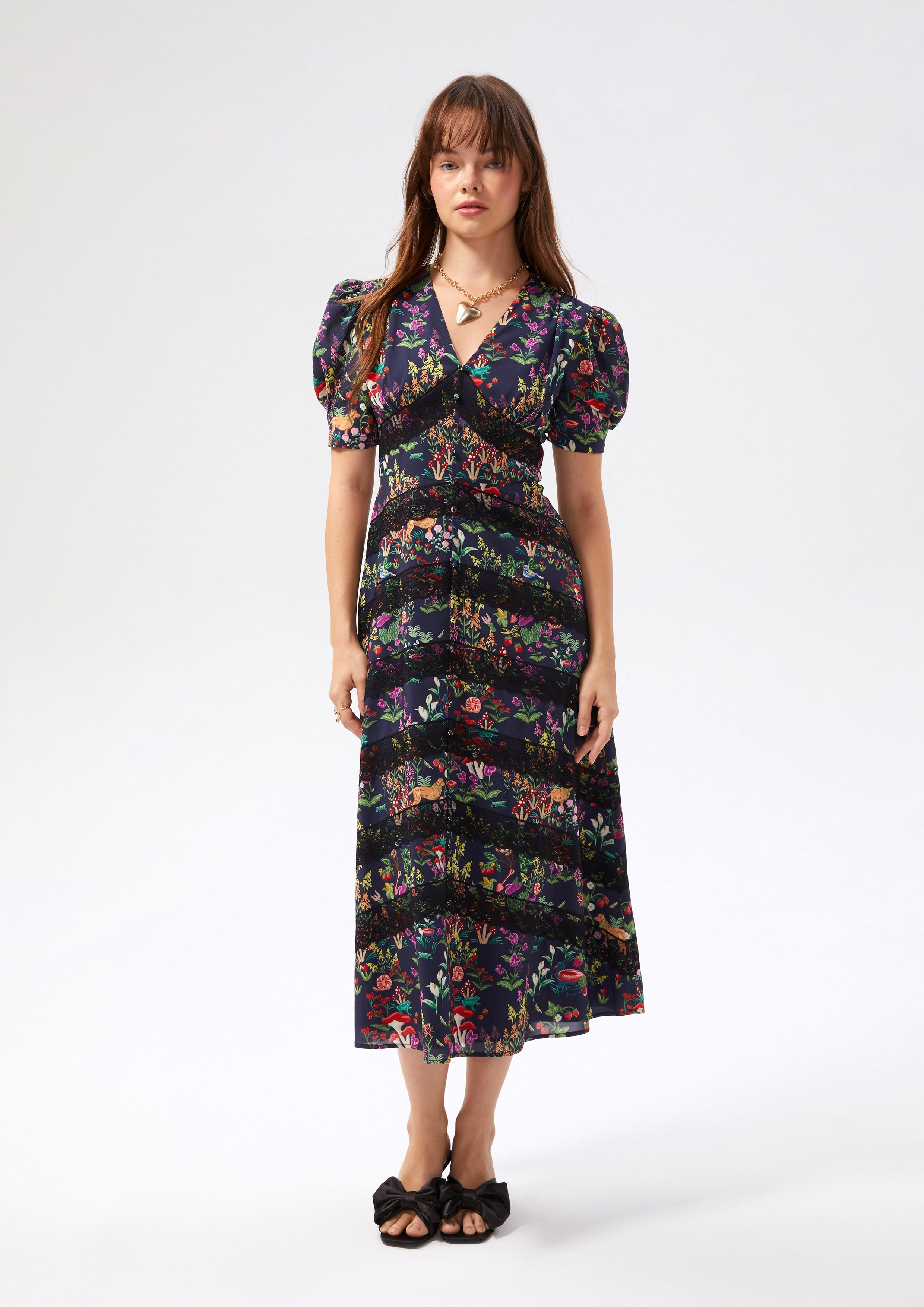 Floral Lace Trim Puff Sleeve Dress Bloom Affair