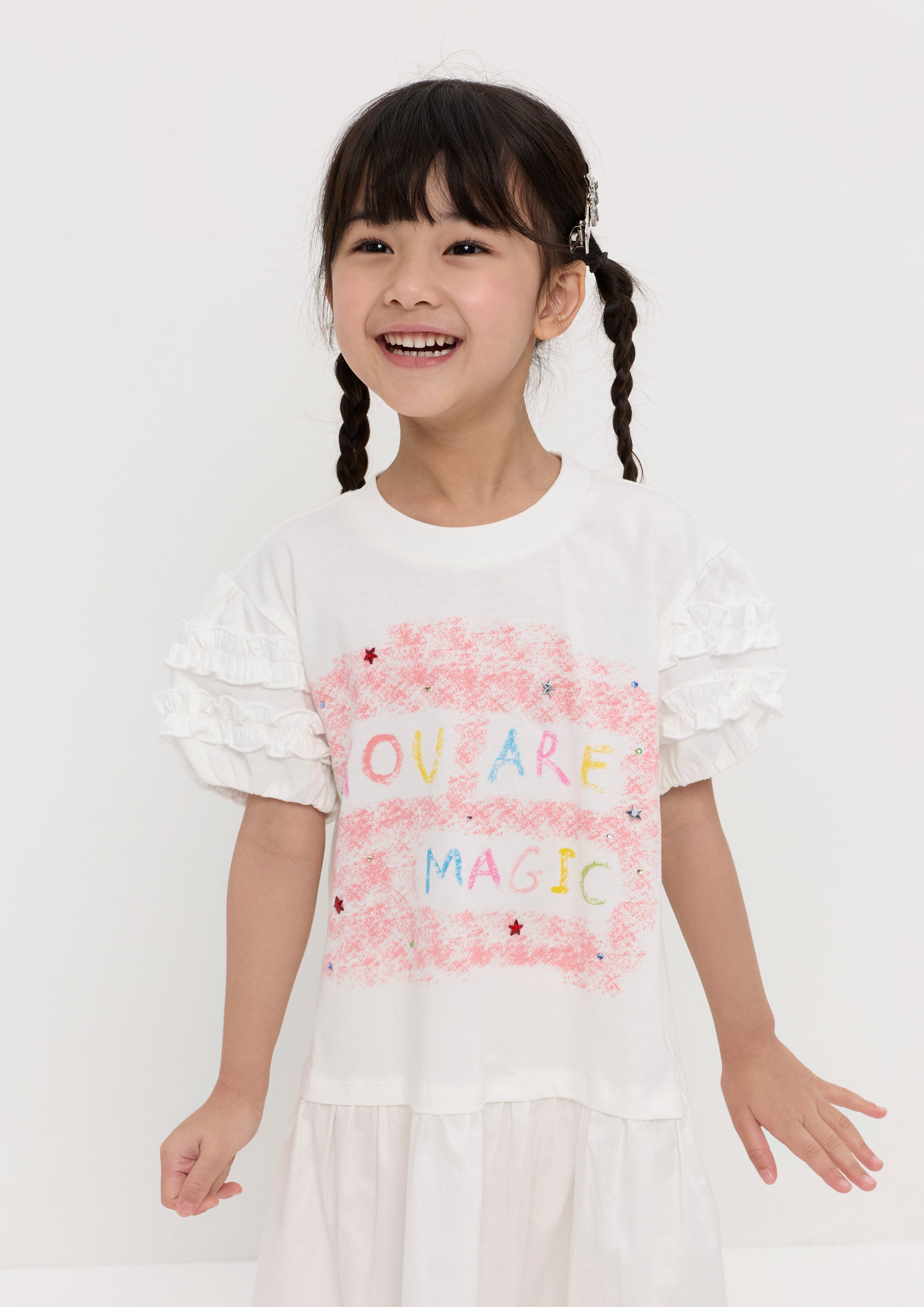 เดรสสั้นพิมพ์ลายแขนเสื้อสั้นแต่งระบาย สำหรับเด็กผู้หญิง คอลเลกชัน You Are Magic