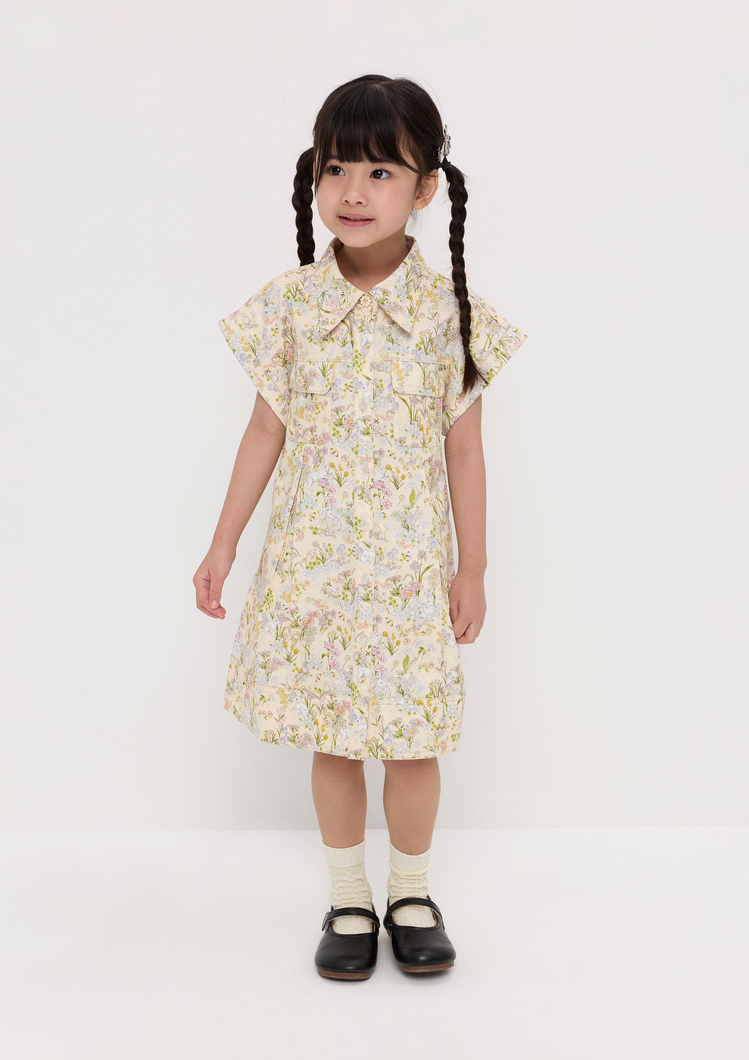 Floral Print Button Mini Dress For Mini Girl Garden Poetry