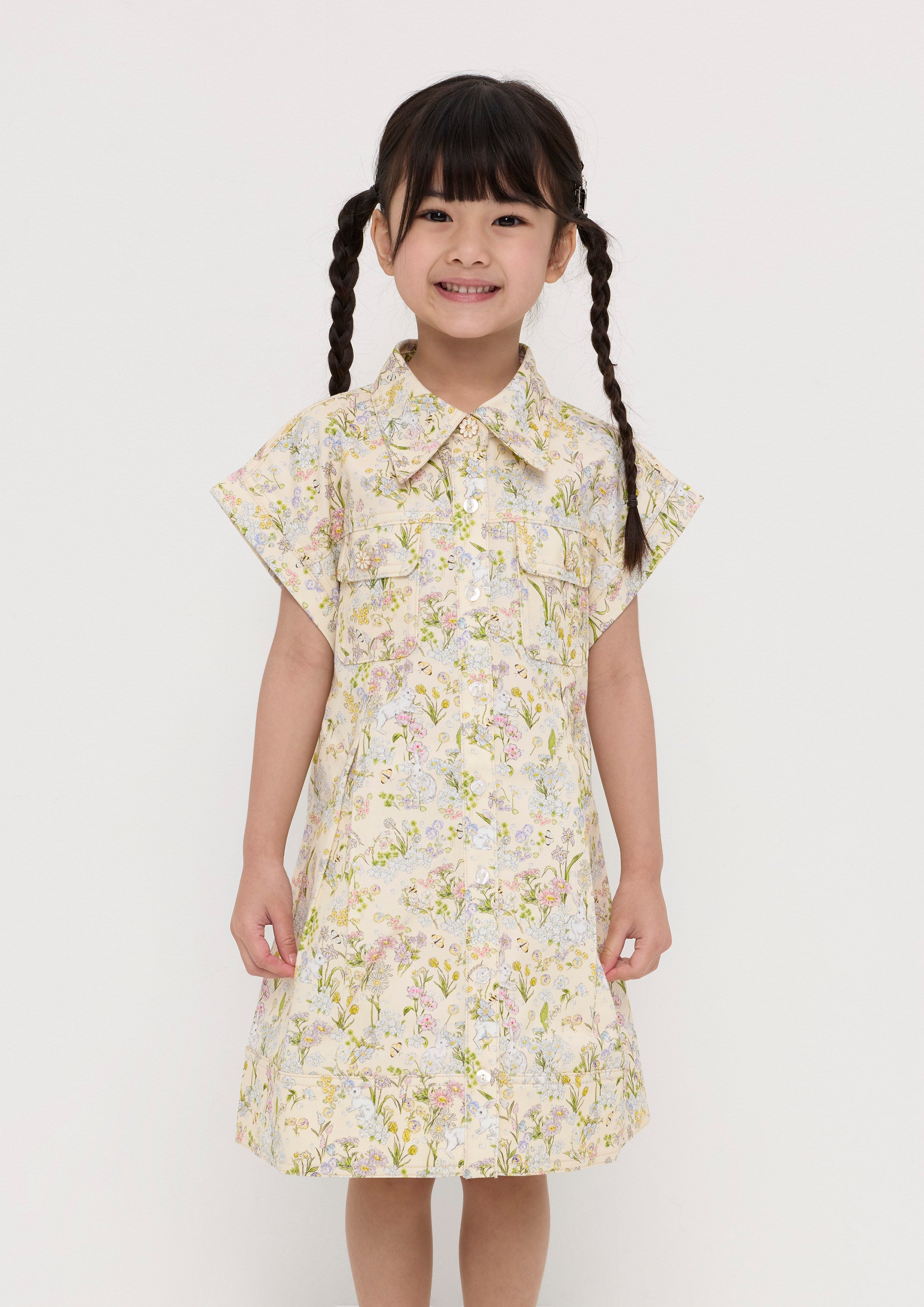 Floral Print Button Mini Dress For Mini Girl Garden Poetry