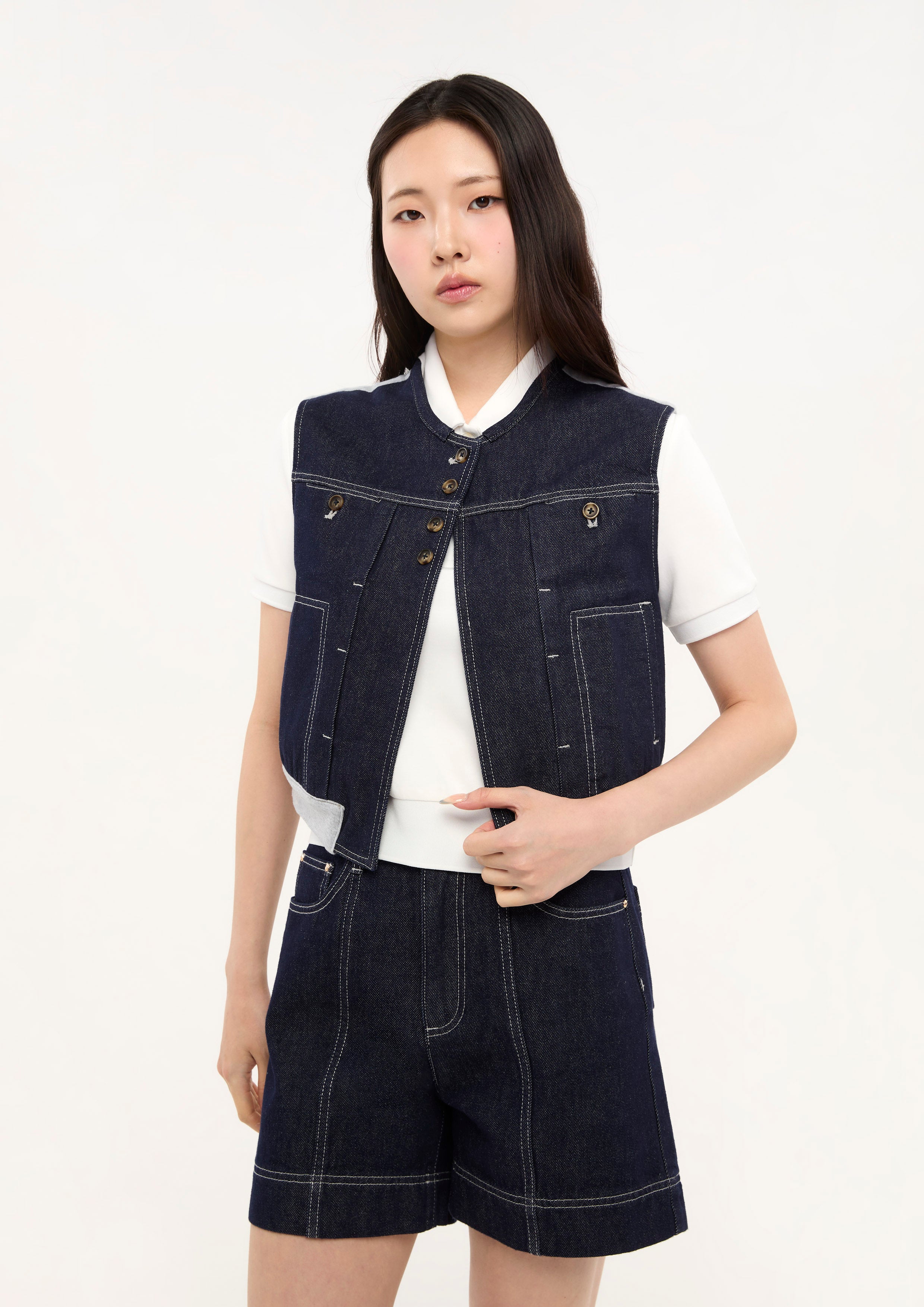 เสื้อกั๊กเดนิมแต่งผ้าพาแนล คอลเลกชัน Basic Denim