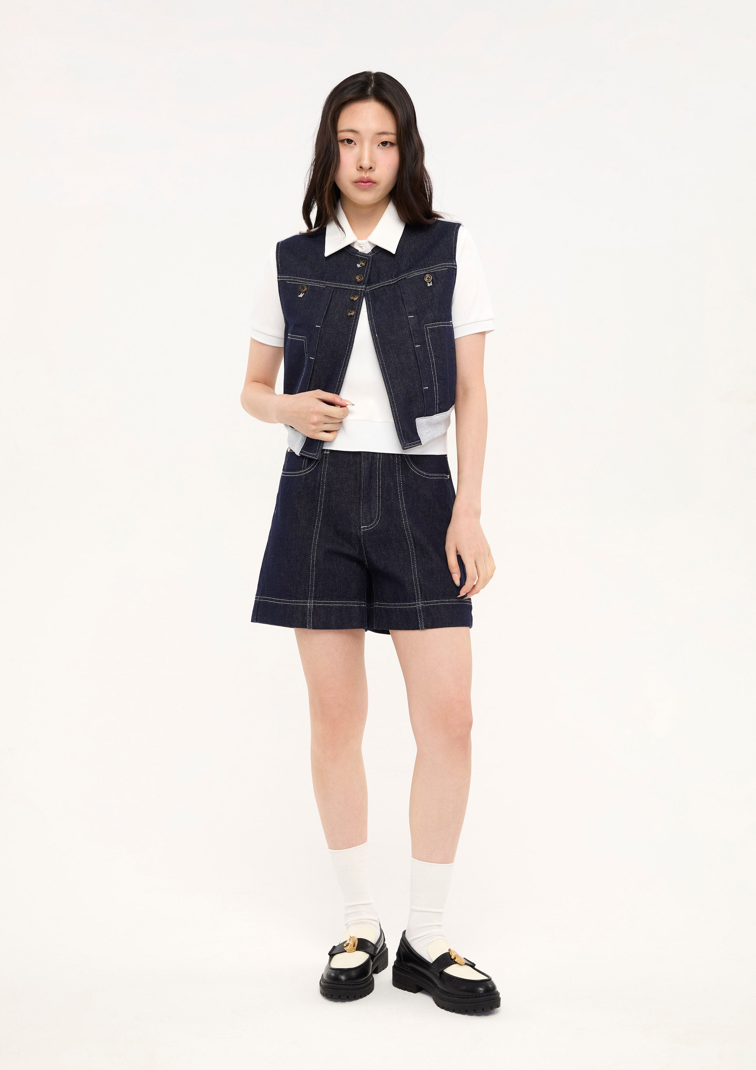 เสื้อกั๊กเดนิมแต่งผ้าพาแนล คอลเลกชัน Basic Denim