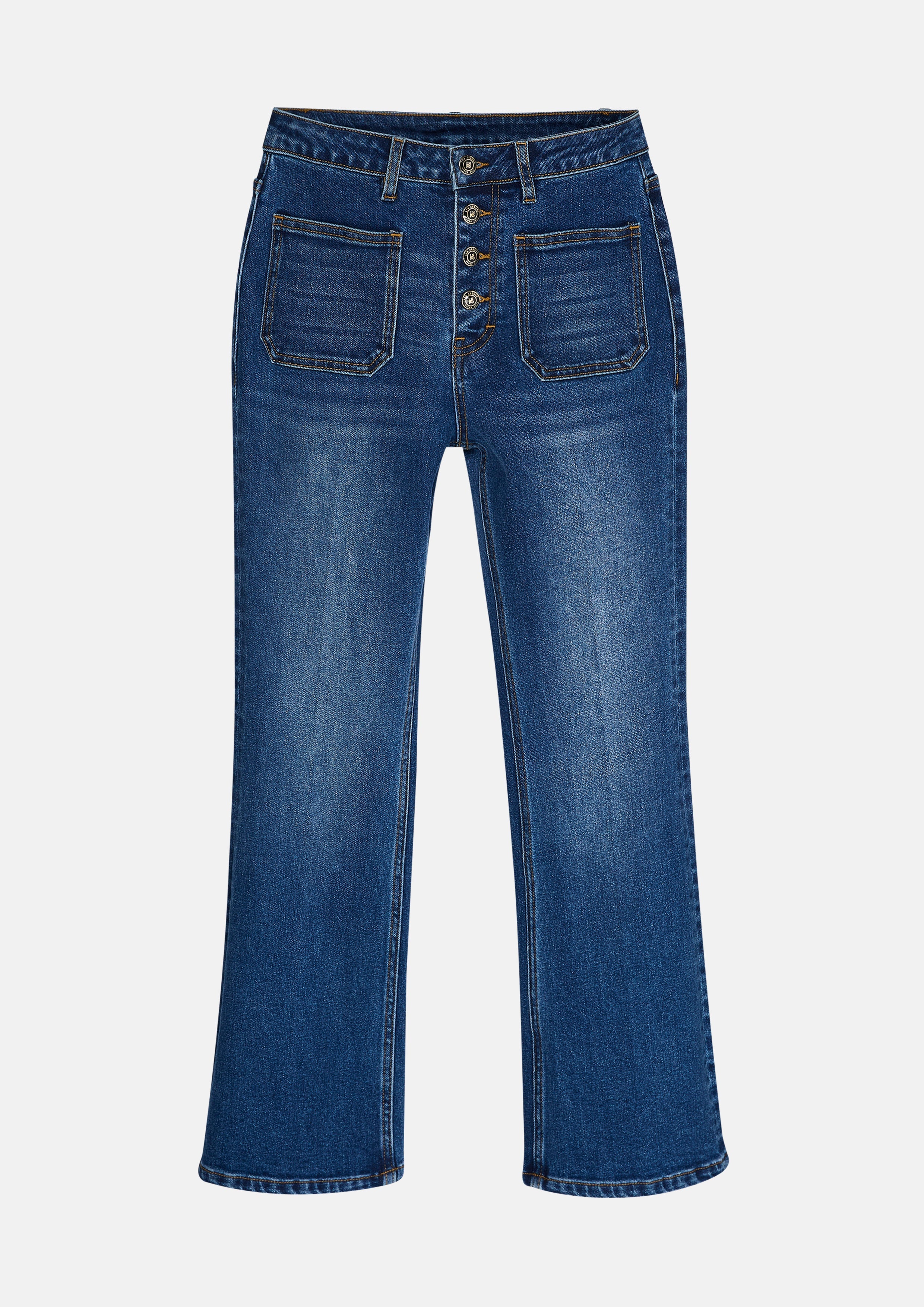 กางเกงเดนิมขายาวสีเฟดทรงขาระบาย คอลเลกชัน Basic Denim