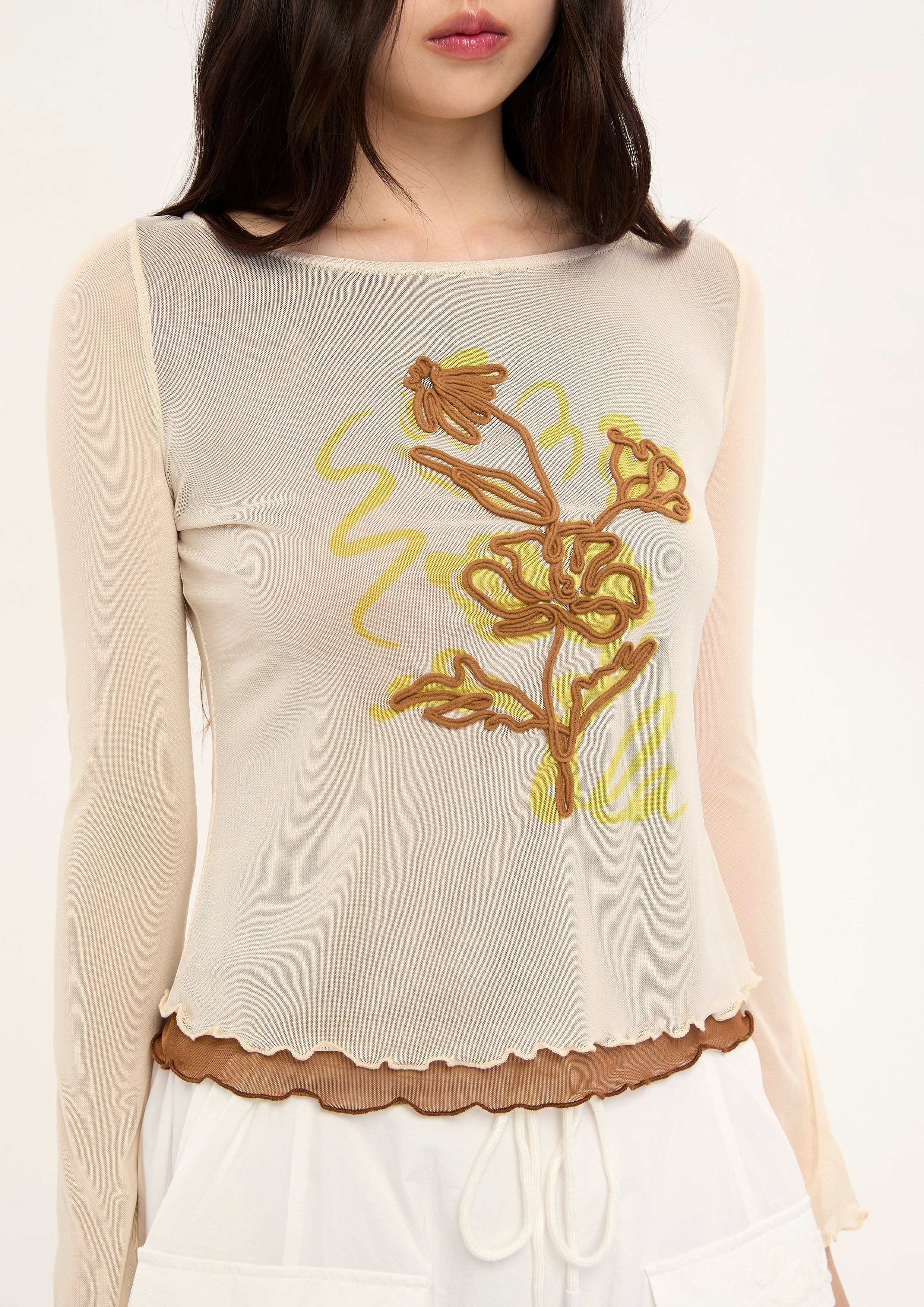 เสื้อแขนยาวผ้าเชียร์ปักลายดอกไม้ คอลเลกชัน Bloom in Shade & Shadow