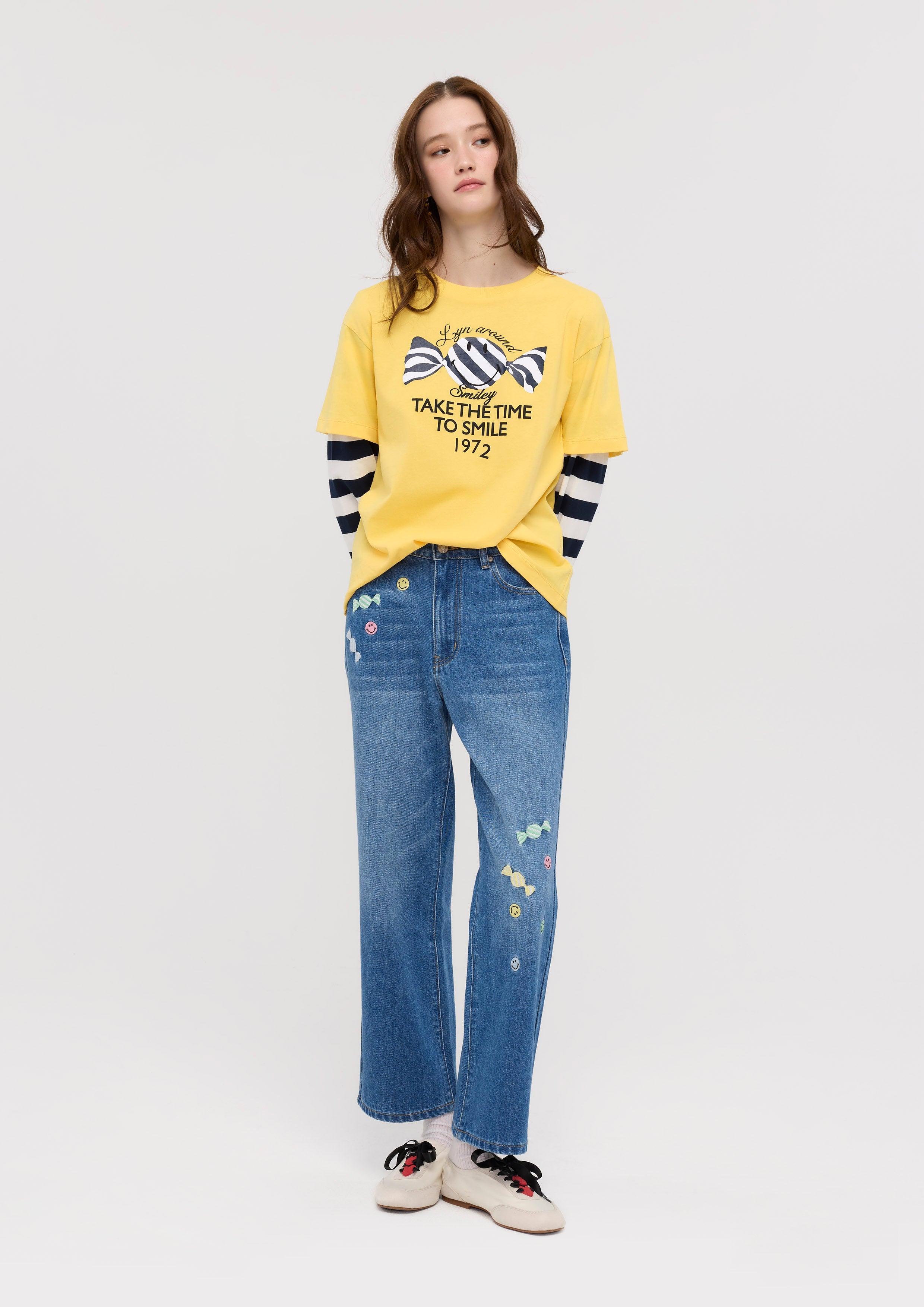 Print Stripe Long Sleeve T-Shirt Lyn around x SMILEY