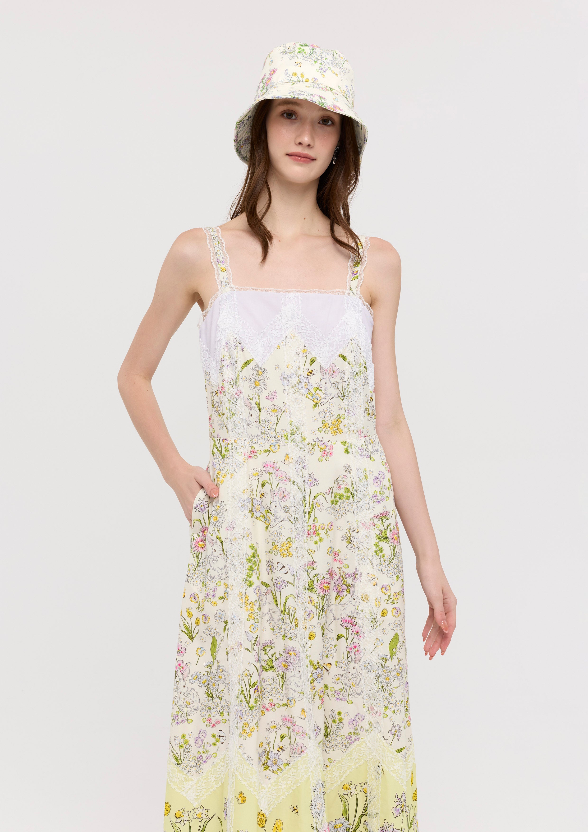 Print Lace Panel Midi Dress Garden Poetry