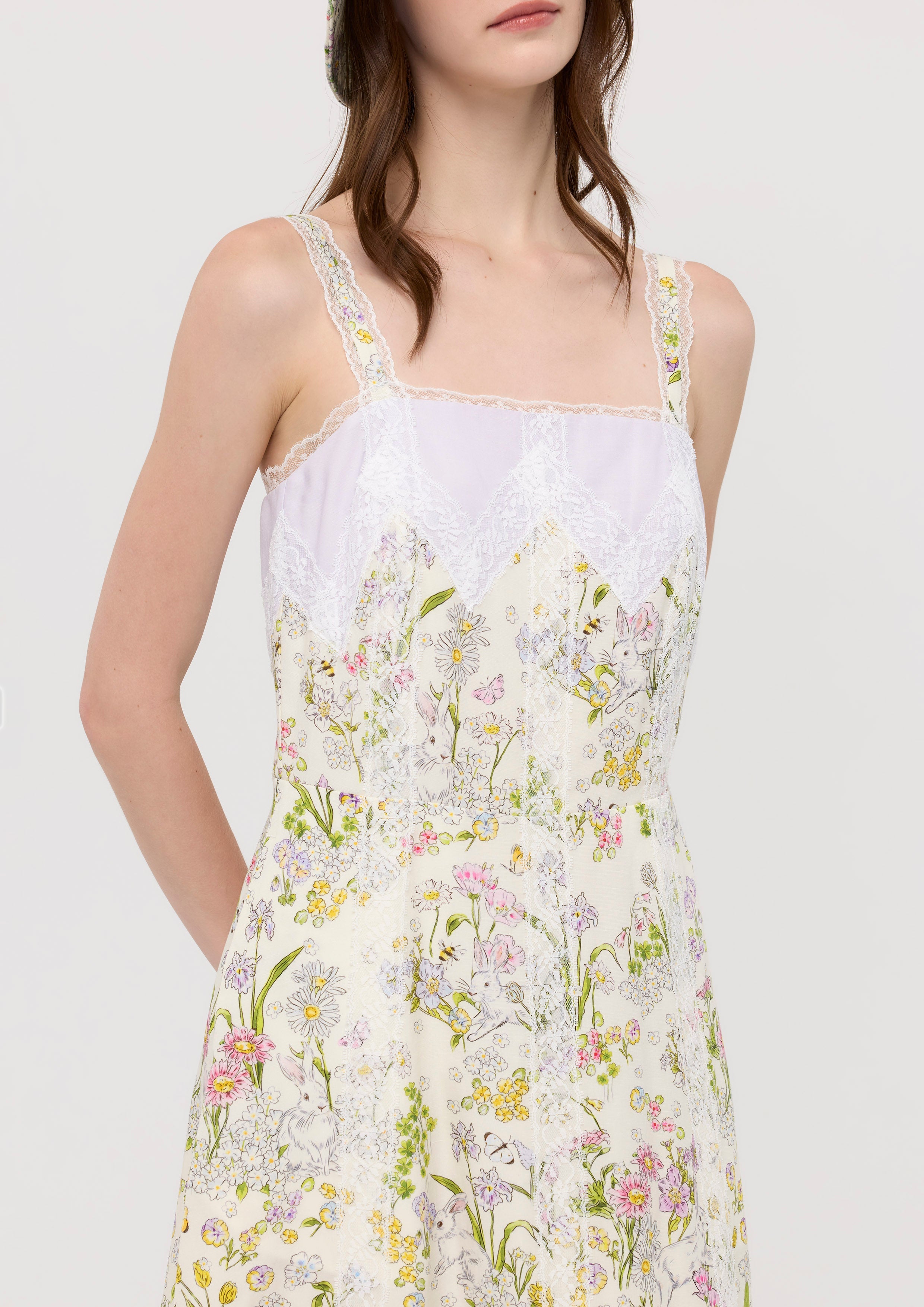 Print Lace Panel Midi Dress Garden Poetry