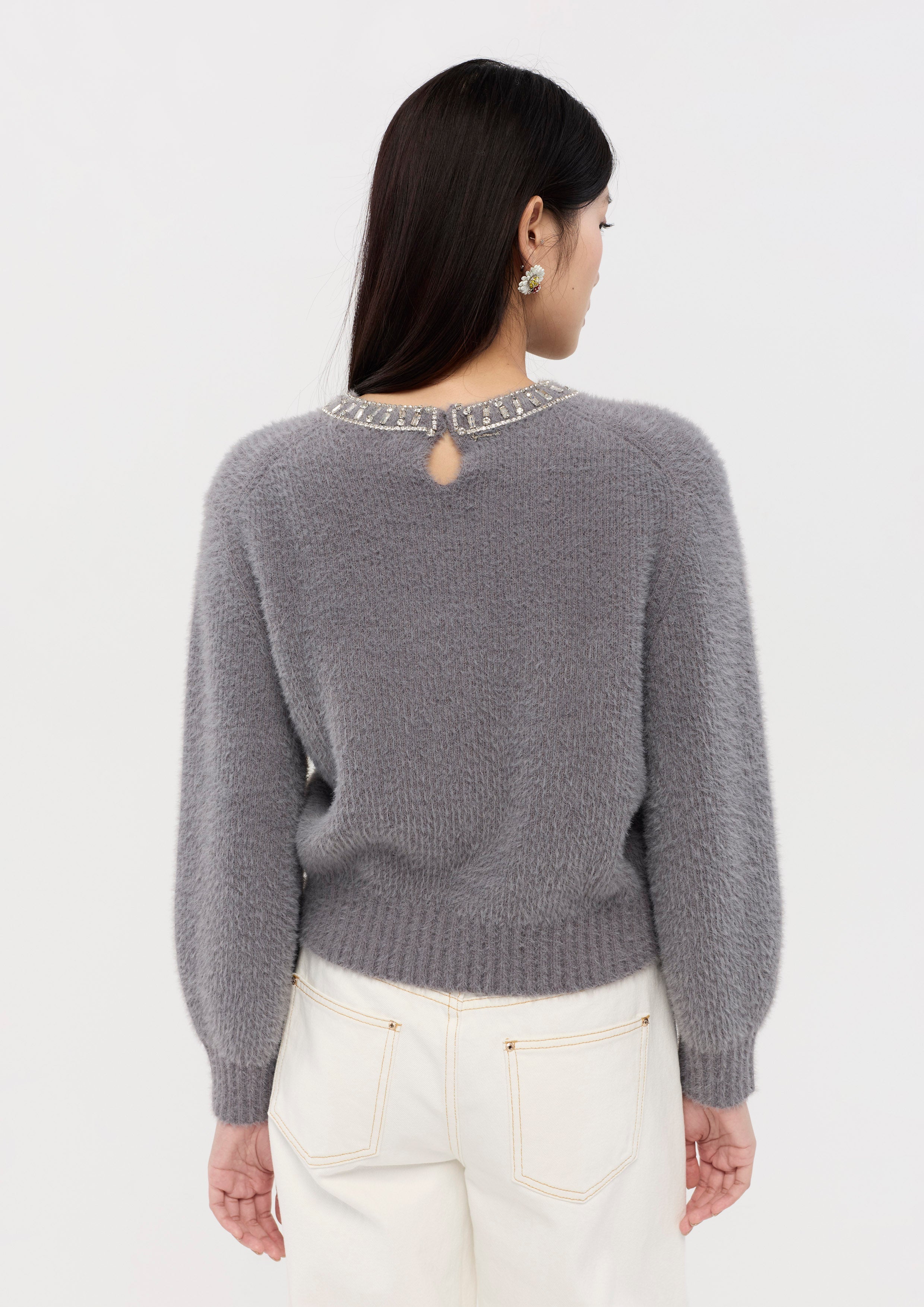 Crystal Embellished Boucle Knitted Pullover La Femme Demure