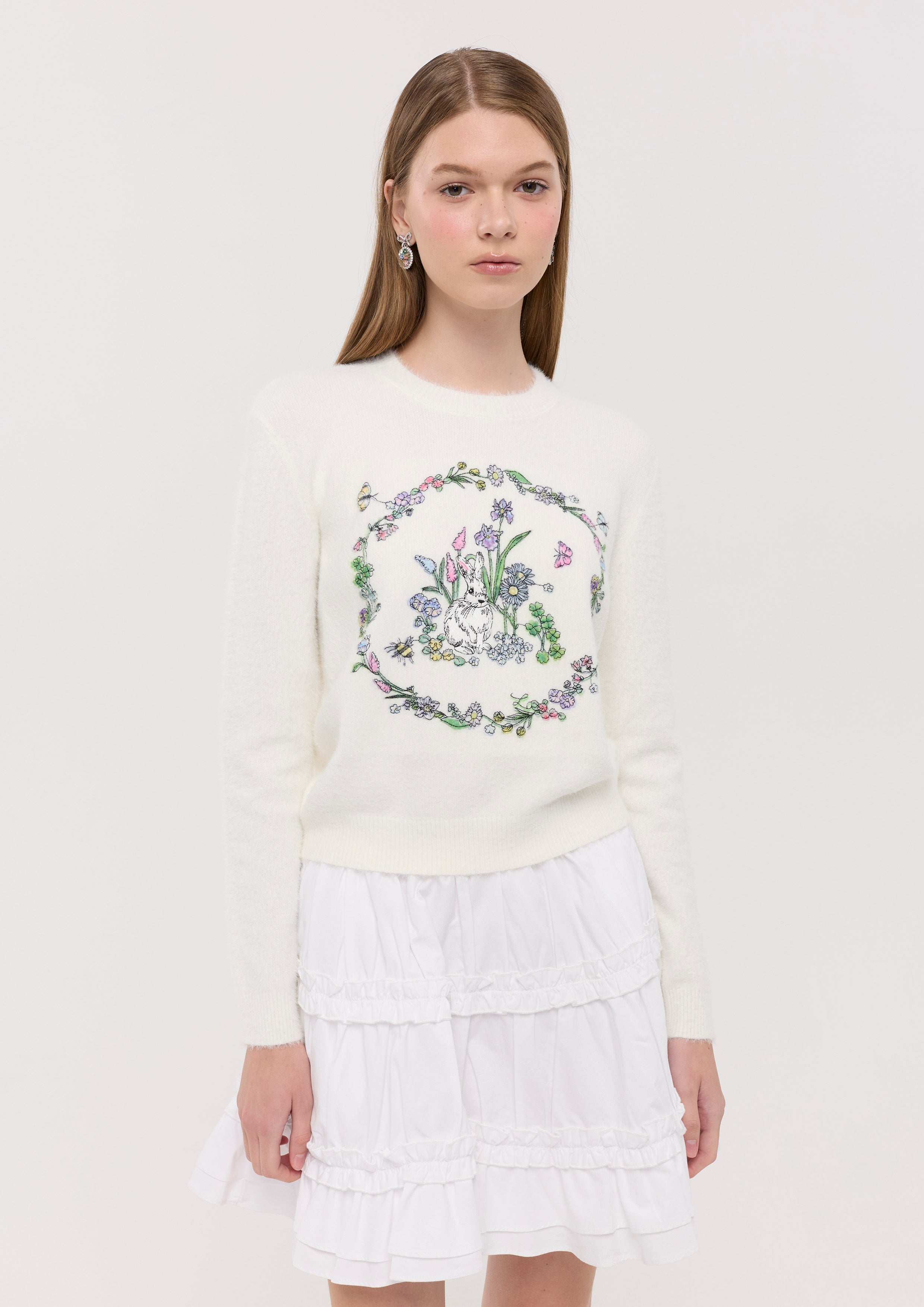 Embroidered Long Sleeve Knitted Pullover Garden Poetry
