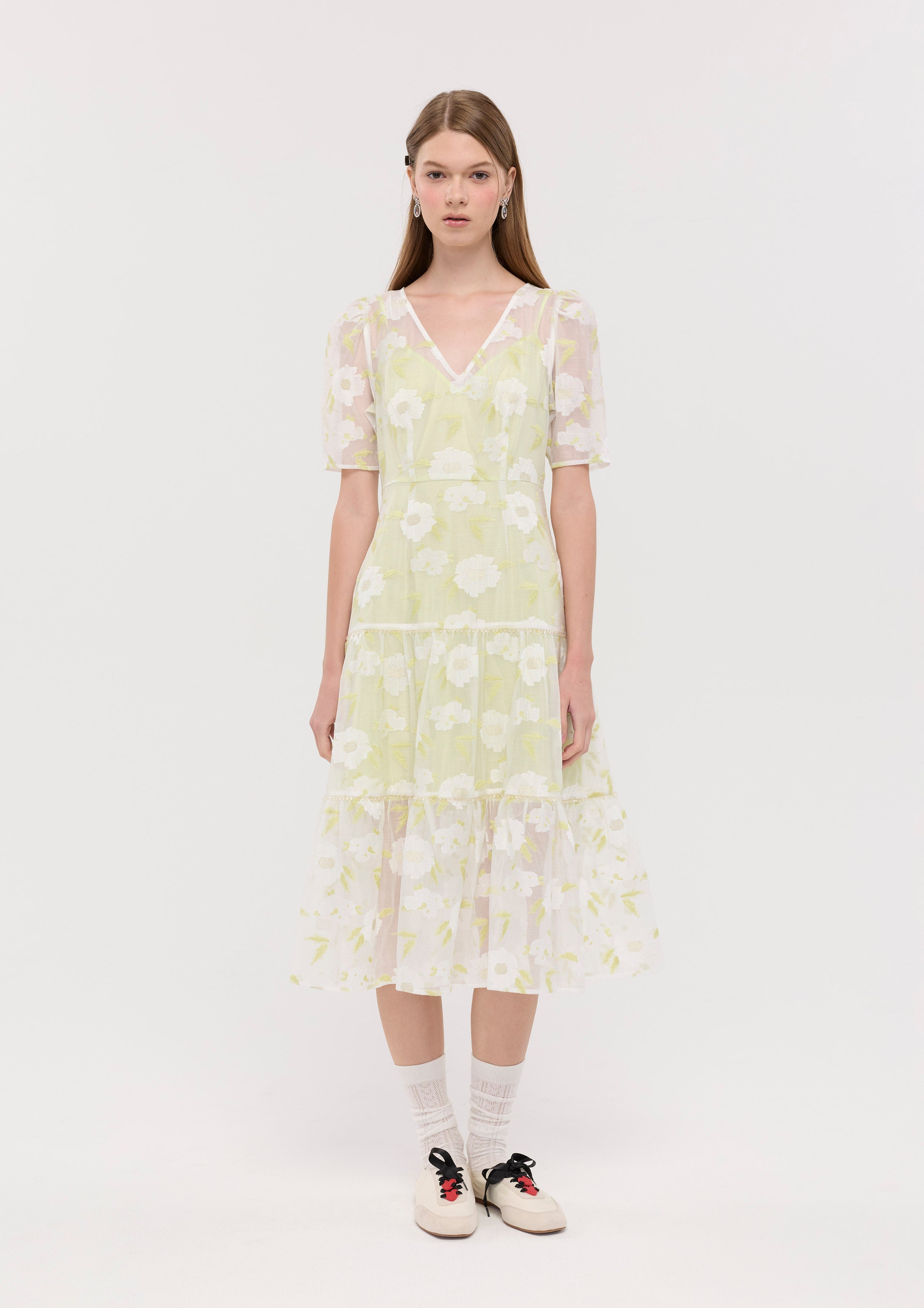 Sheer Floral Tiered Skirt Midi Dress Garden Poetry
