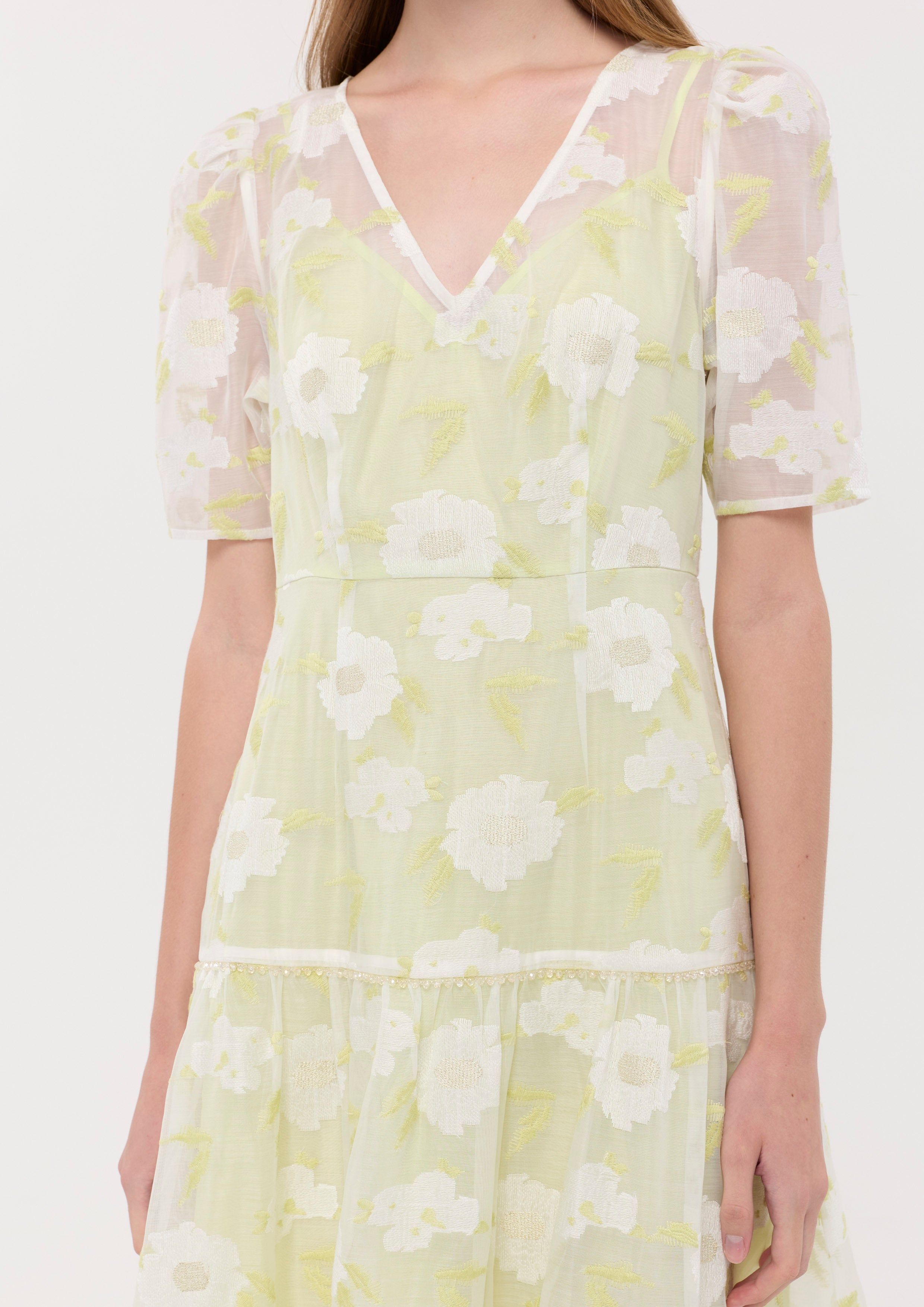 Sheer Floral Tiered Skirt Midi Dress Garden Poetry