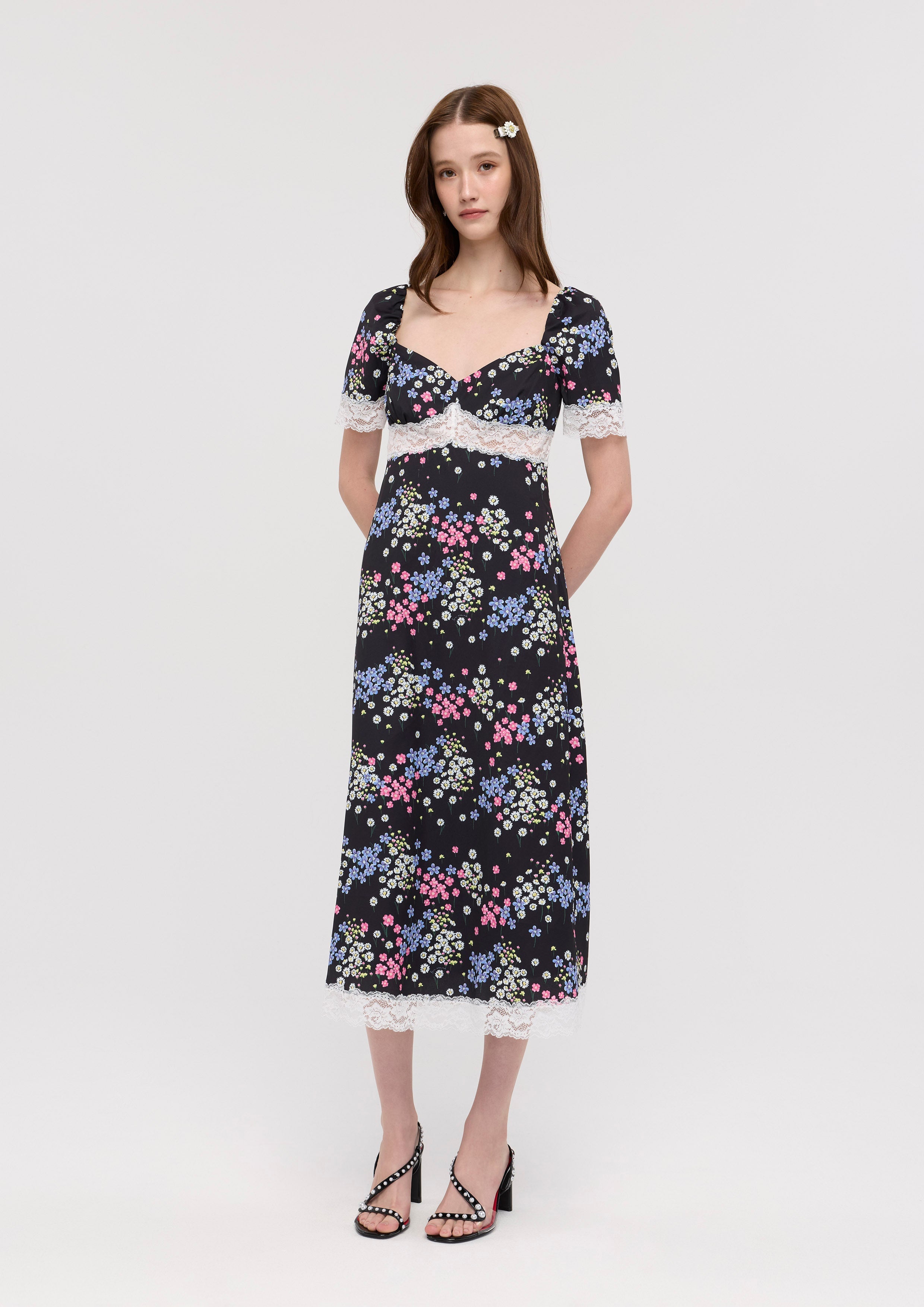 Floral Print Lace Panel Midi Dress Nomad's Grace