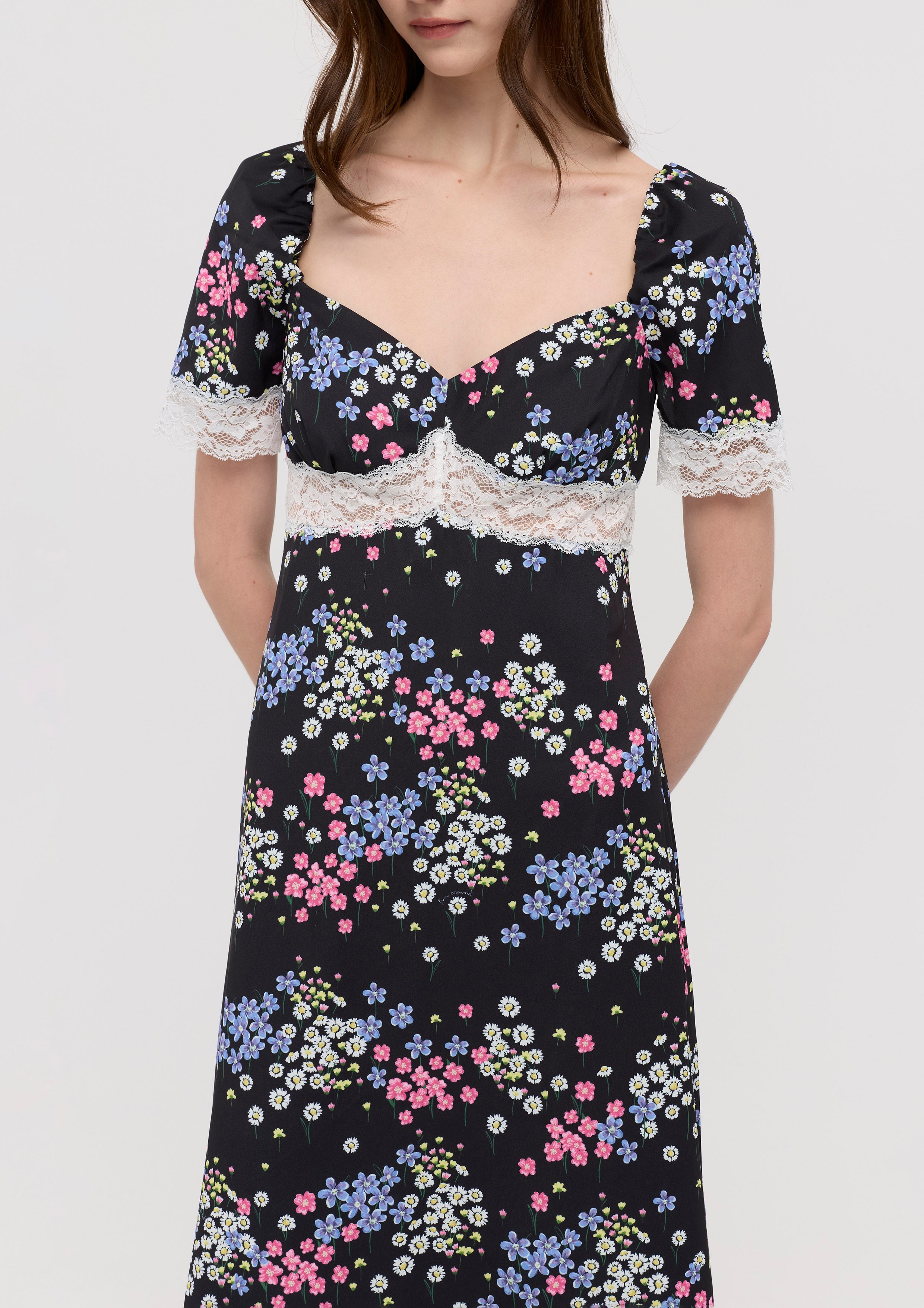 Floral Print Lace Panel Midi Dress Nomad's Grace