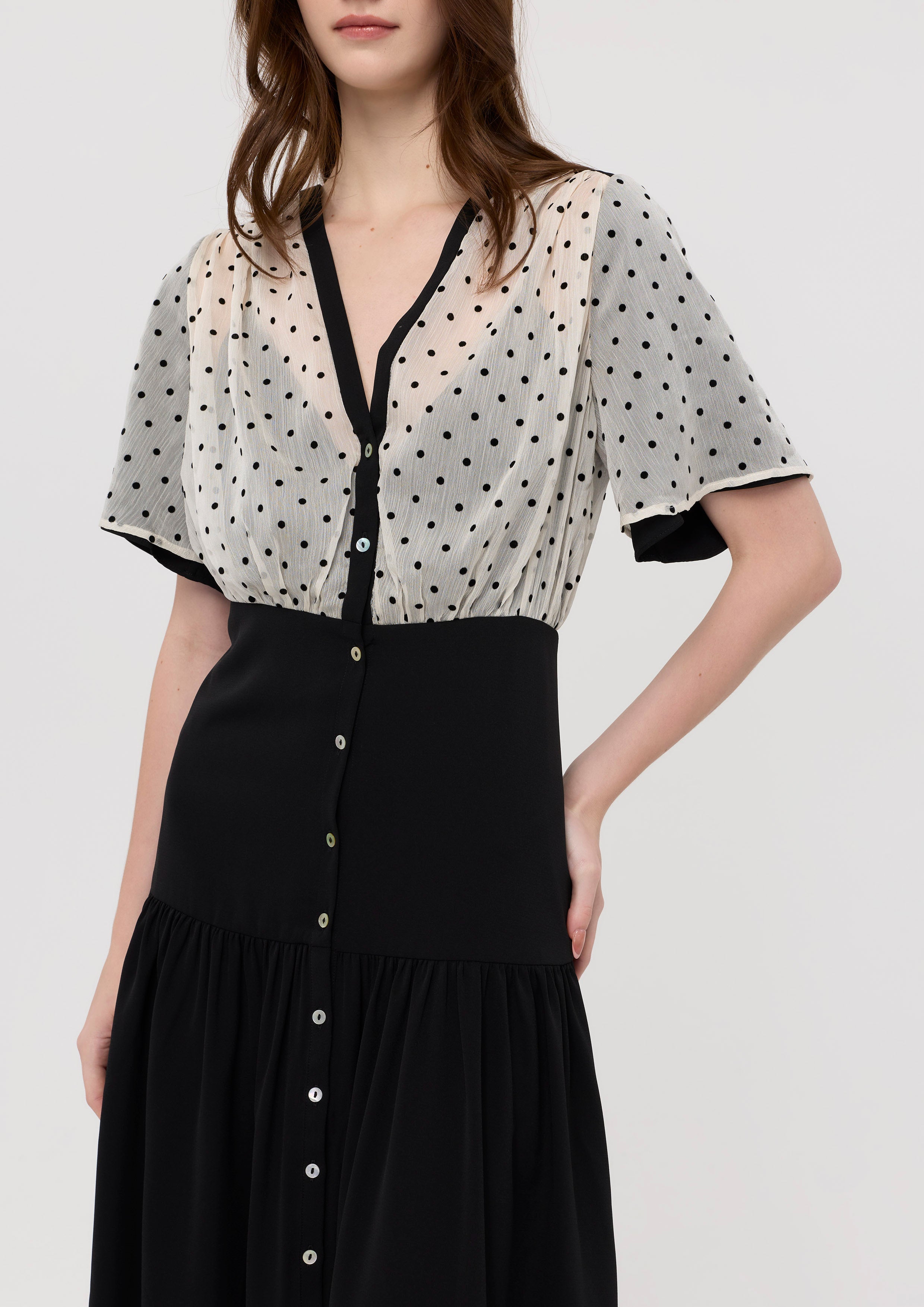 Polkadot Sheer Button Maxi Dress La Femme Demure