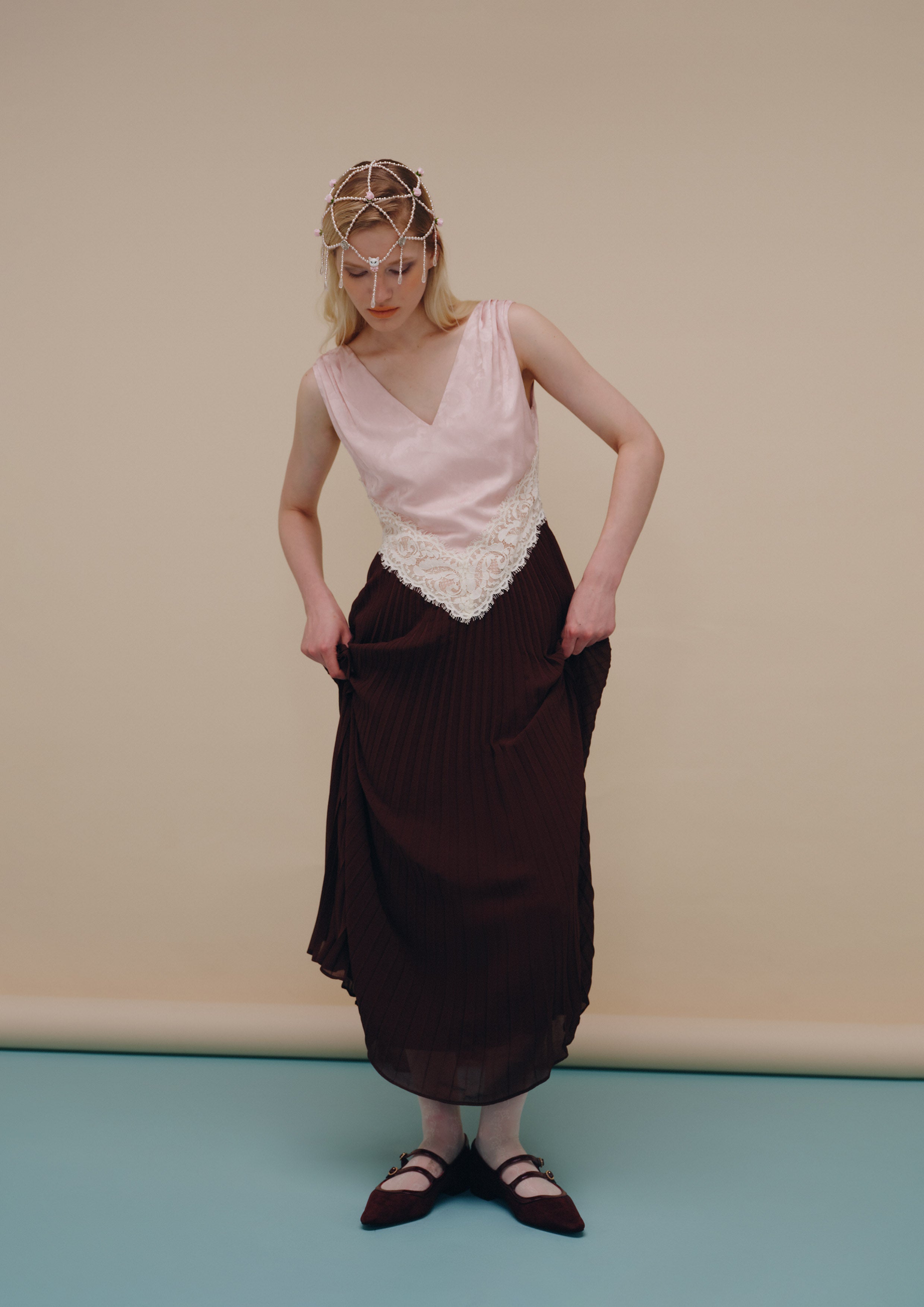 V Neck Pleated Skirt Midi Dress Nomad's Grace