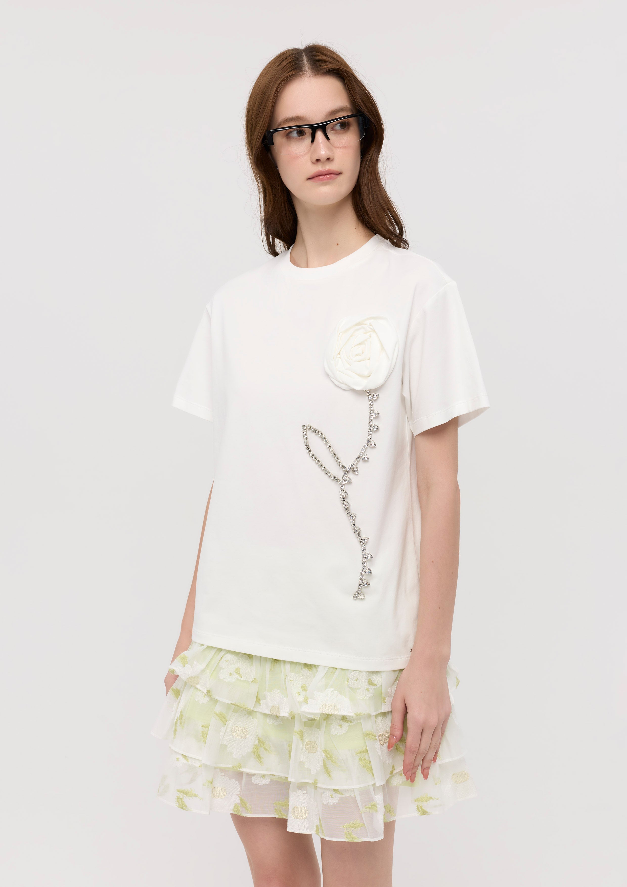 Rose Applique With Crystal Embellished T-Shirt Garden Poetry
