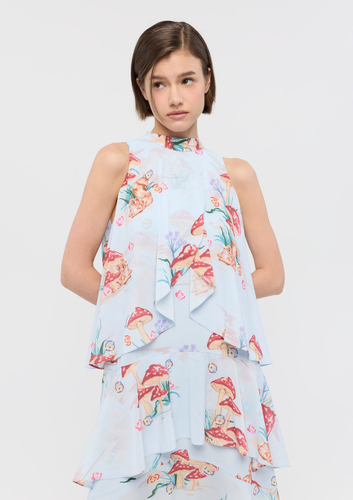 Print Ruffle Skirt Midi Dress Garden Poetry