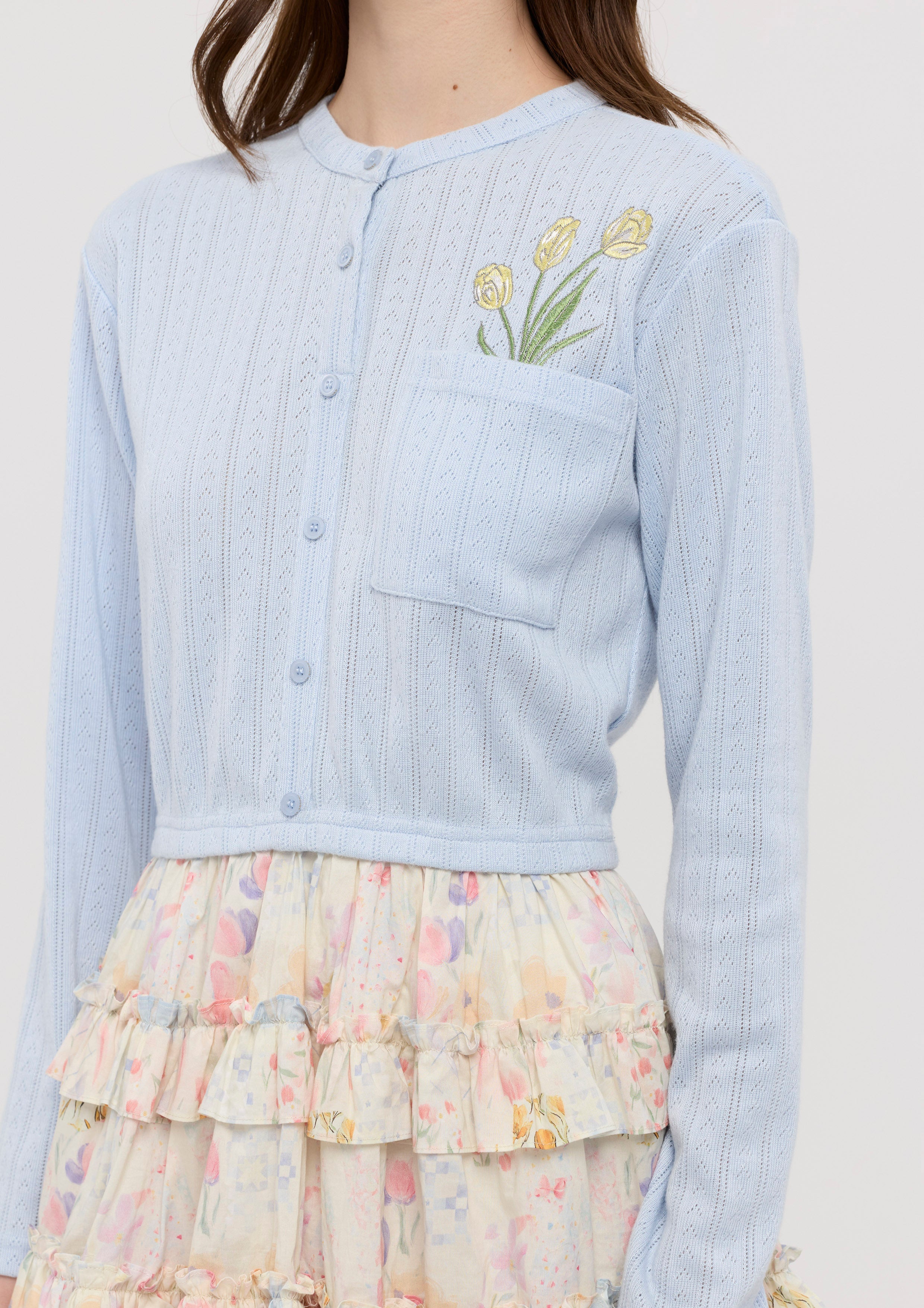 Knitted Floral Print Frill Mini Skirt Garden Poetry