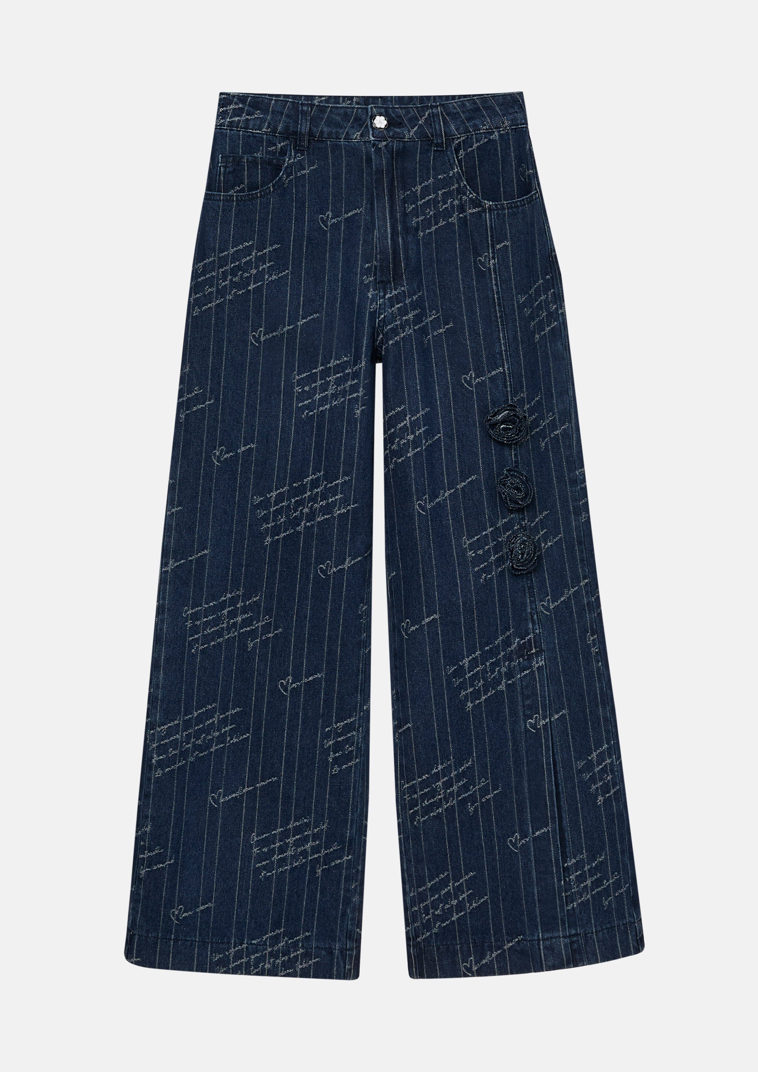 Embroidered with Rose Applique Denim Trousers Mon Petit Ruban