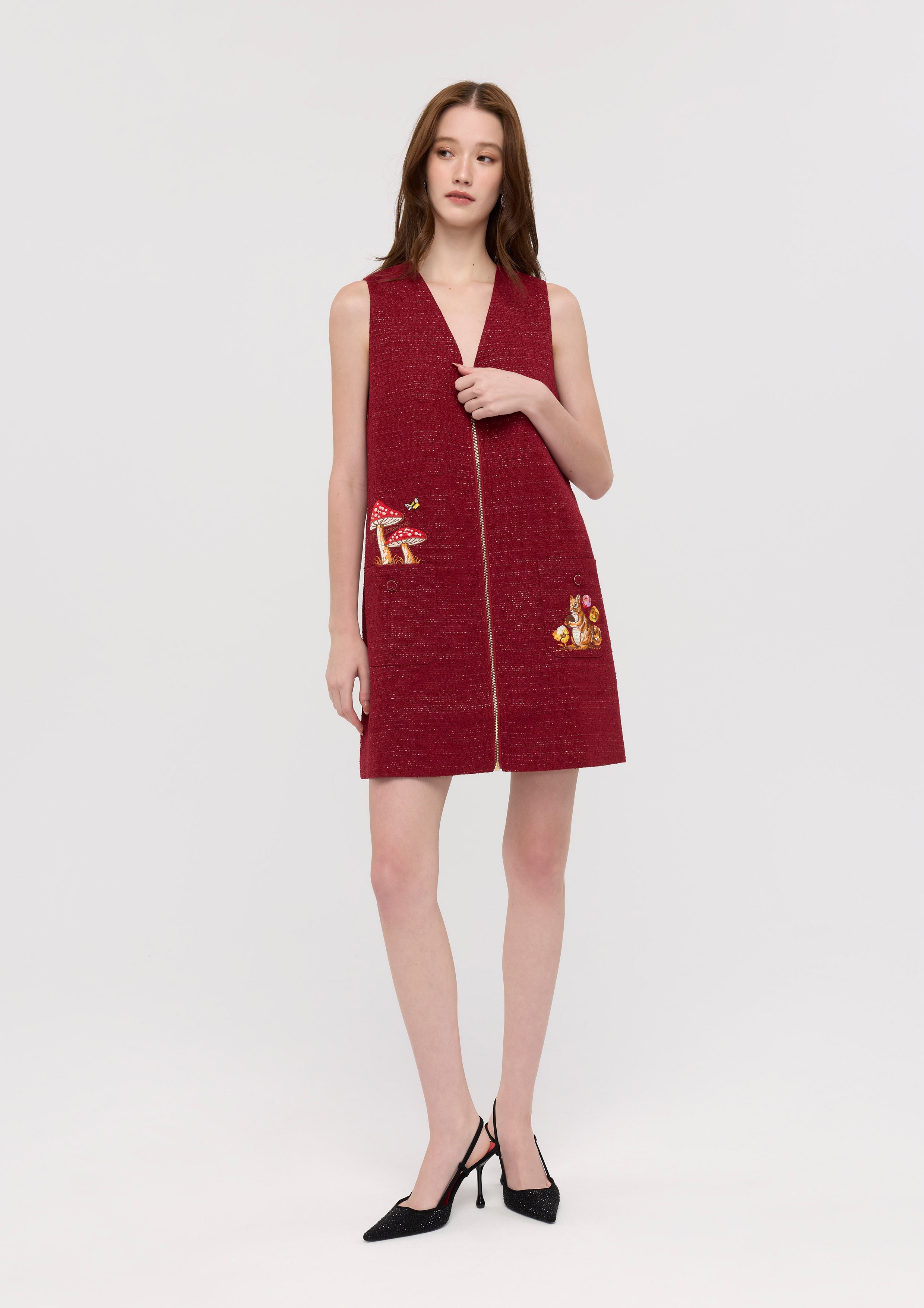 Tweed Front Zip Midi Dress Garden Poetry