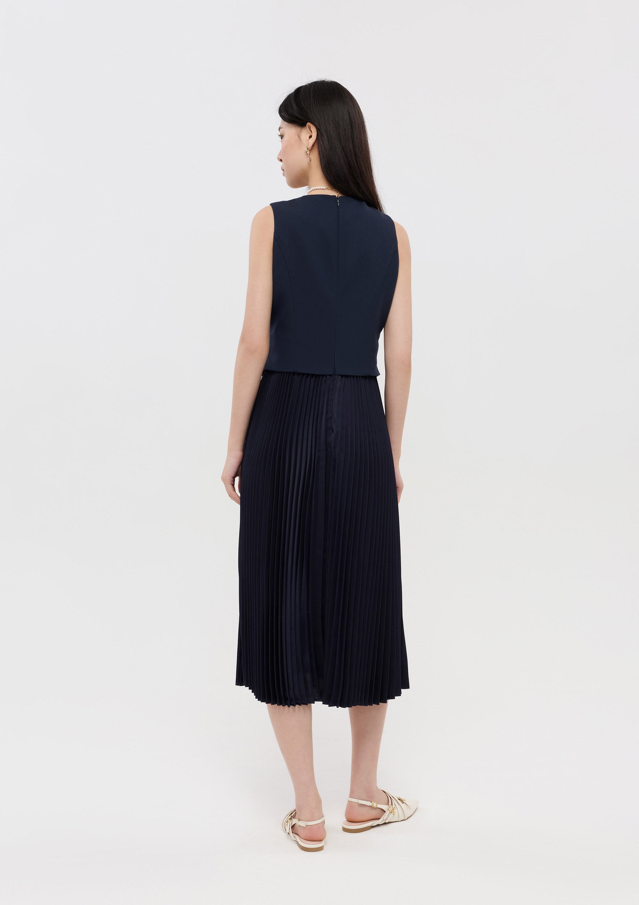 Pleated Skirt Vest Midi Dress Pristine Blue Sky