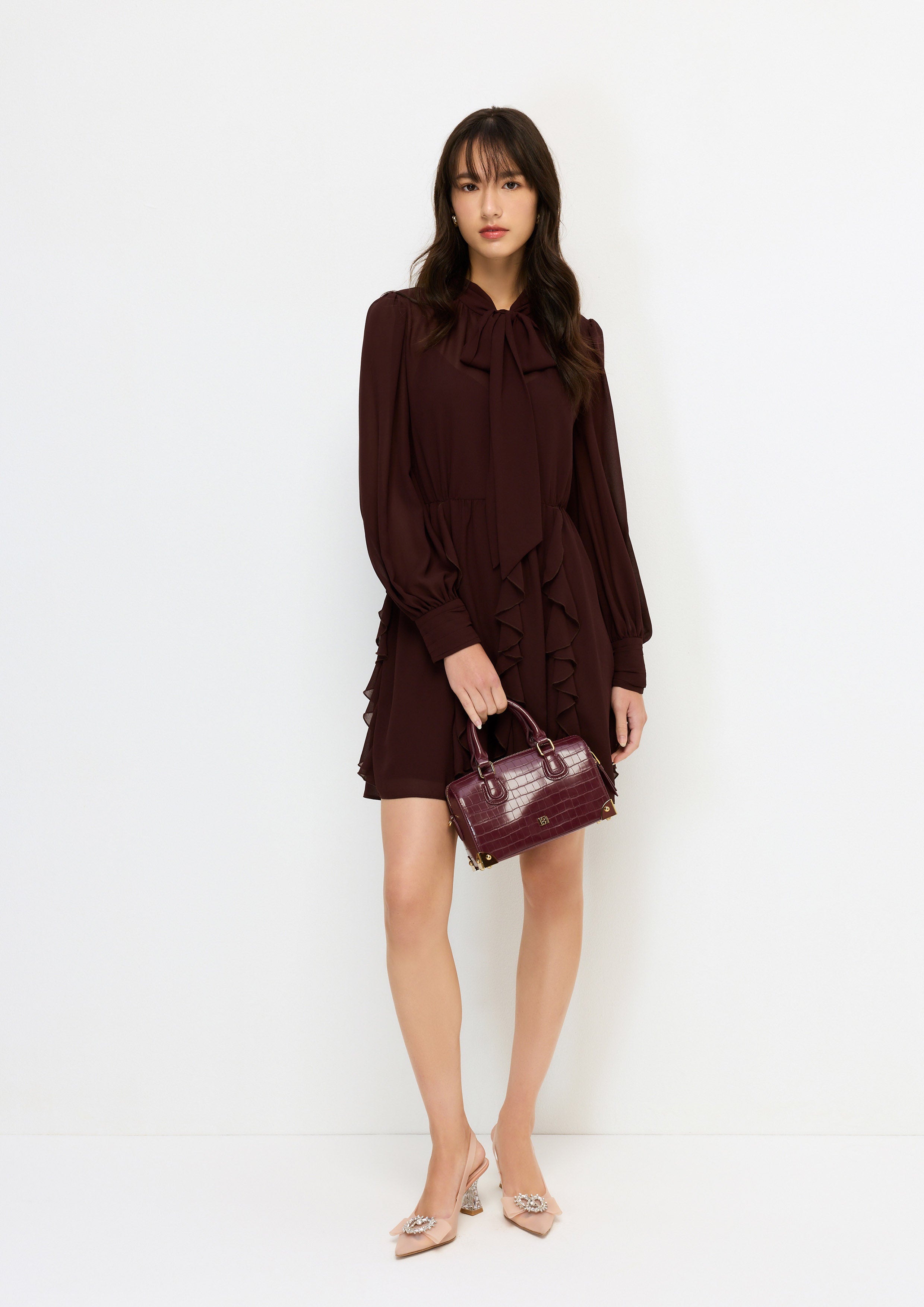 Bow Tie Neck Ruffle Skirt Mini Dress Aurora Veil