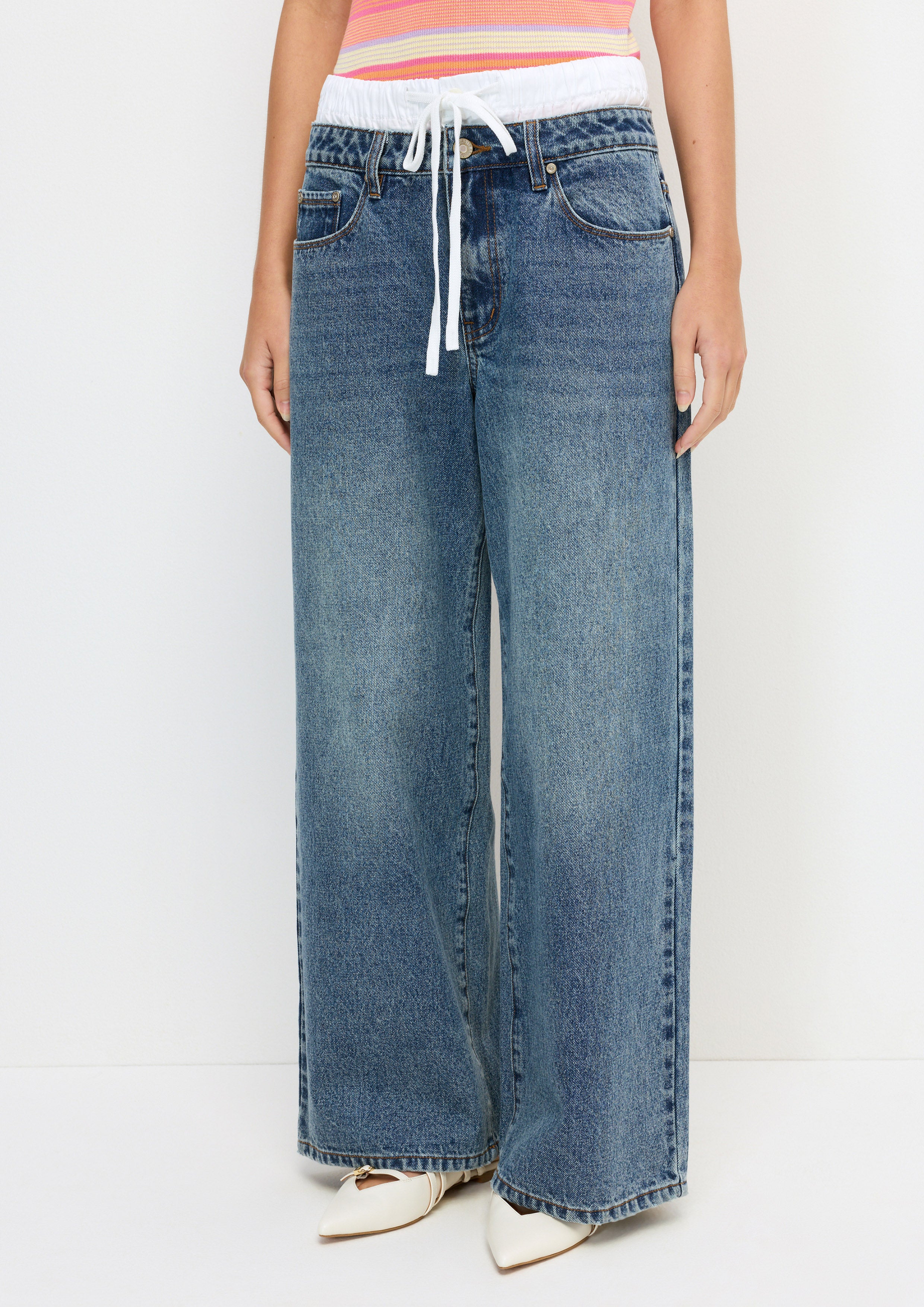 Layered Drawstring Denim Pants Melting Ice (Cream)
