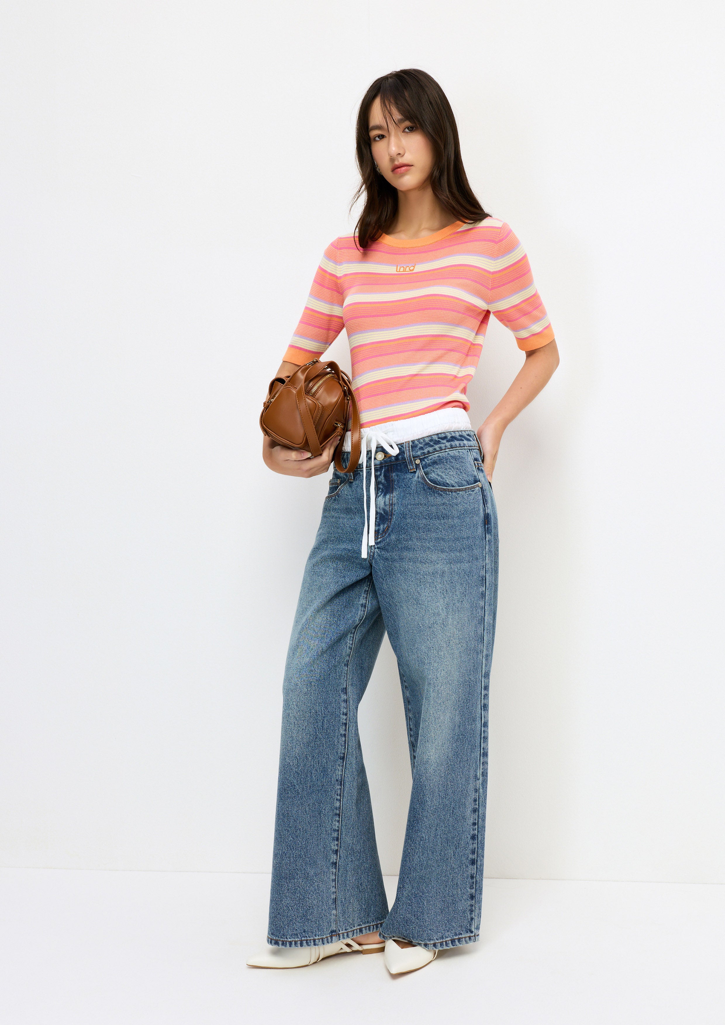 Layered Drawstring Denim Pants Melting Ice (Cream)