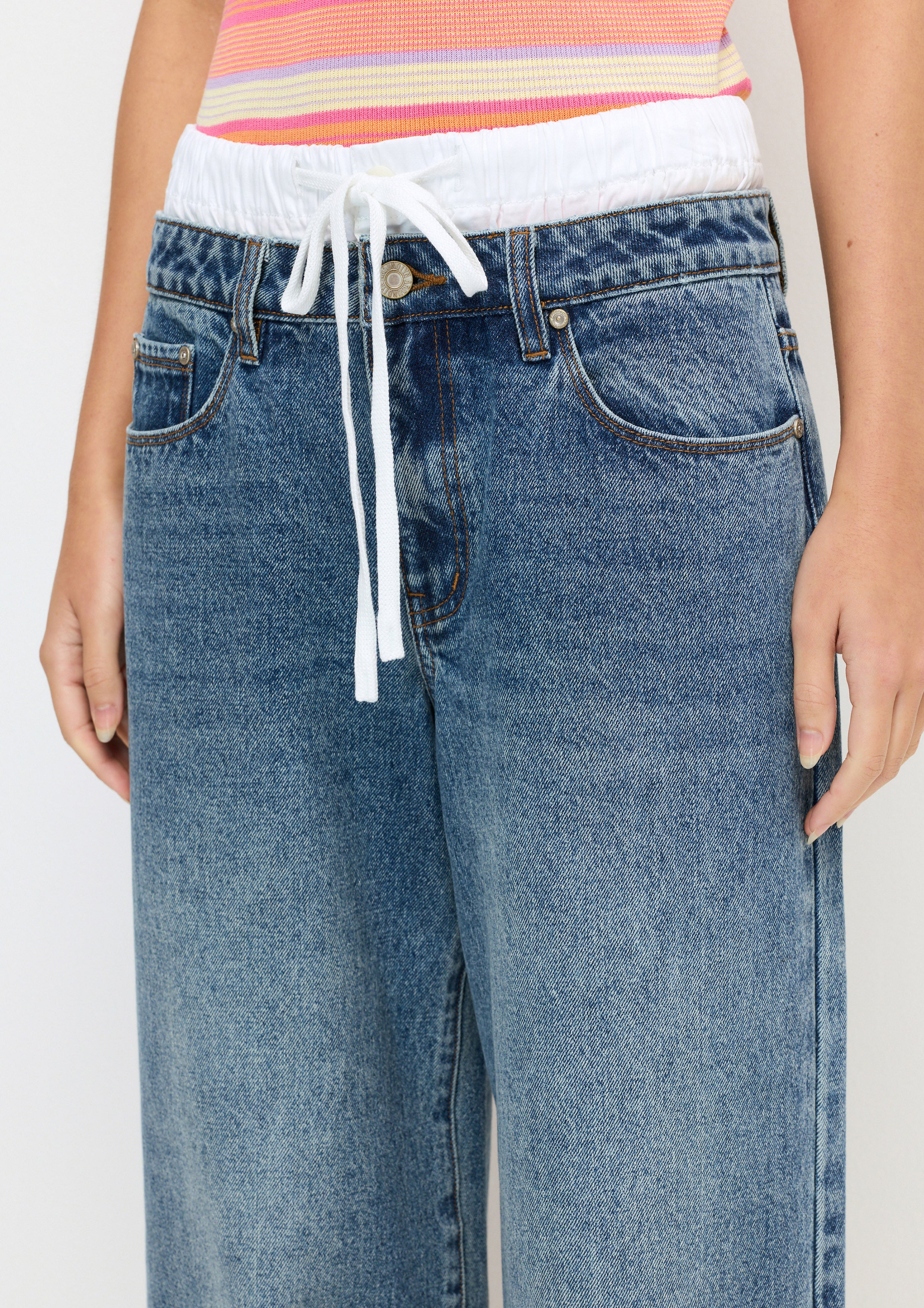 Layered Drawstring Denim Pants Melting Ice (Cream)