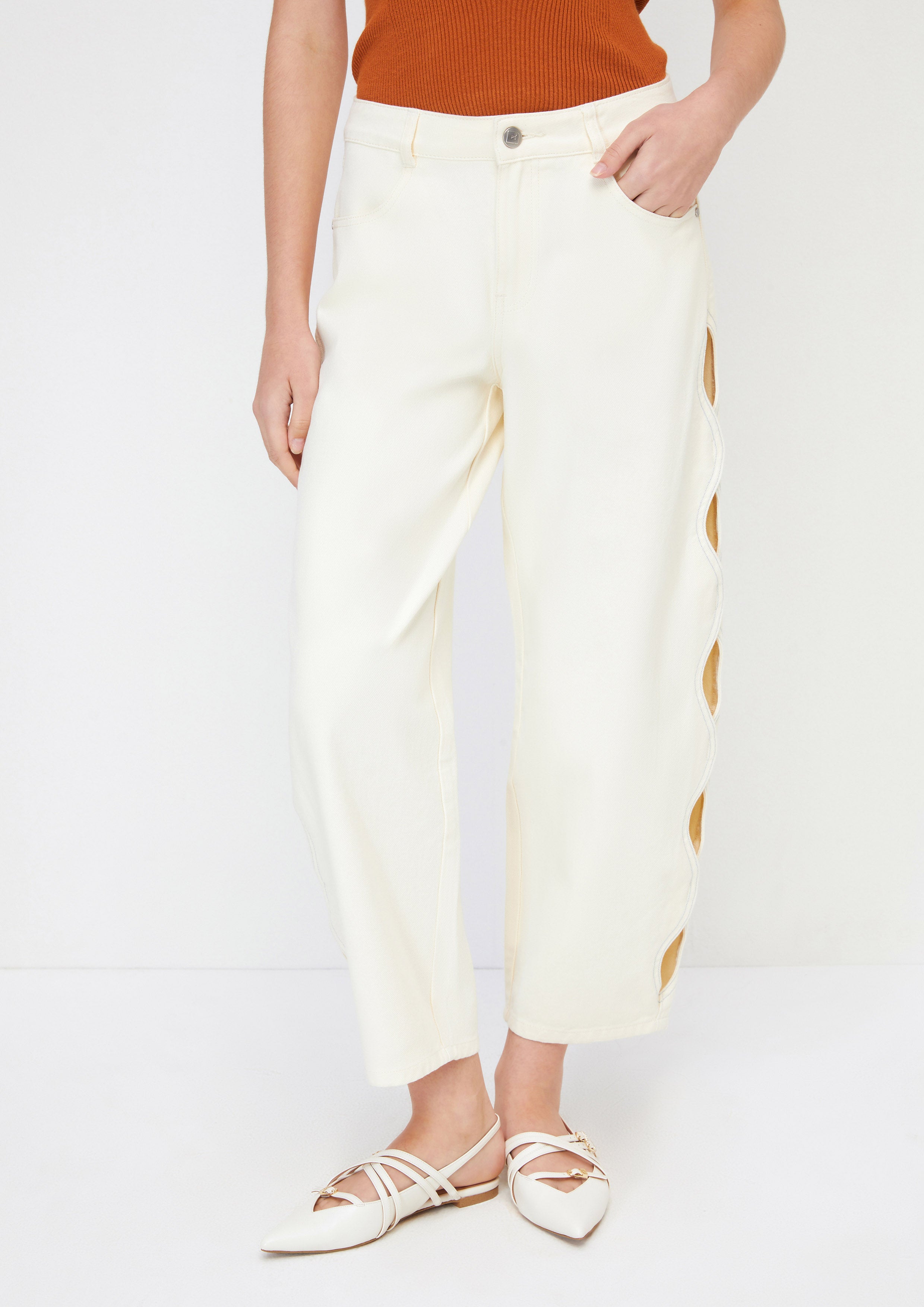 Side Cut-Out Wide Leg Denim Pants Crystaline