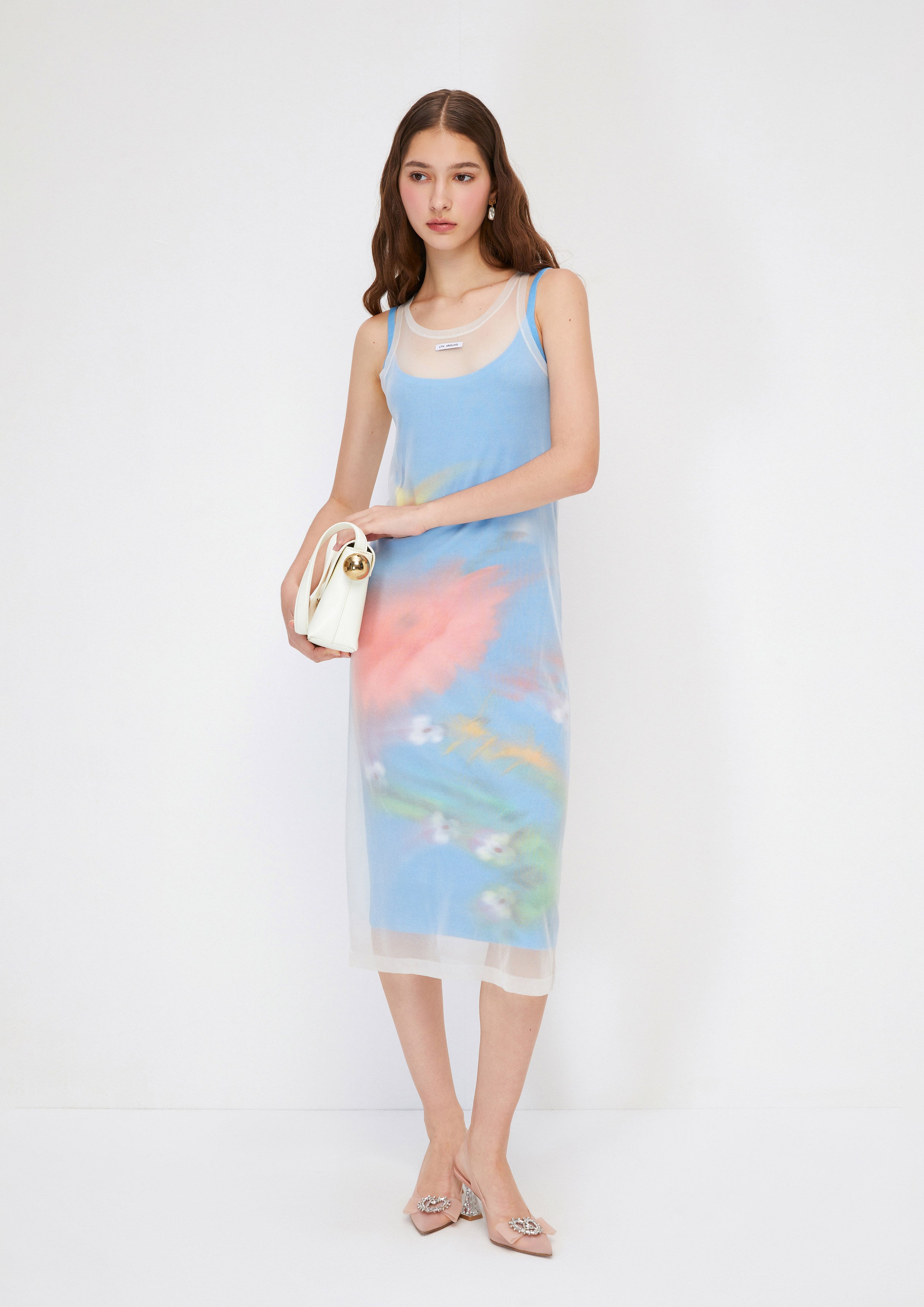 Fade Flower Sheer Layered Midi Dress Melting Ice (Cream)