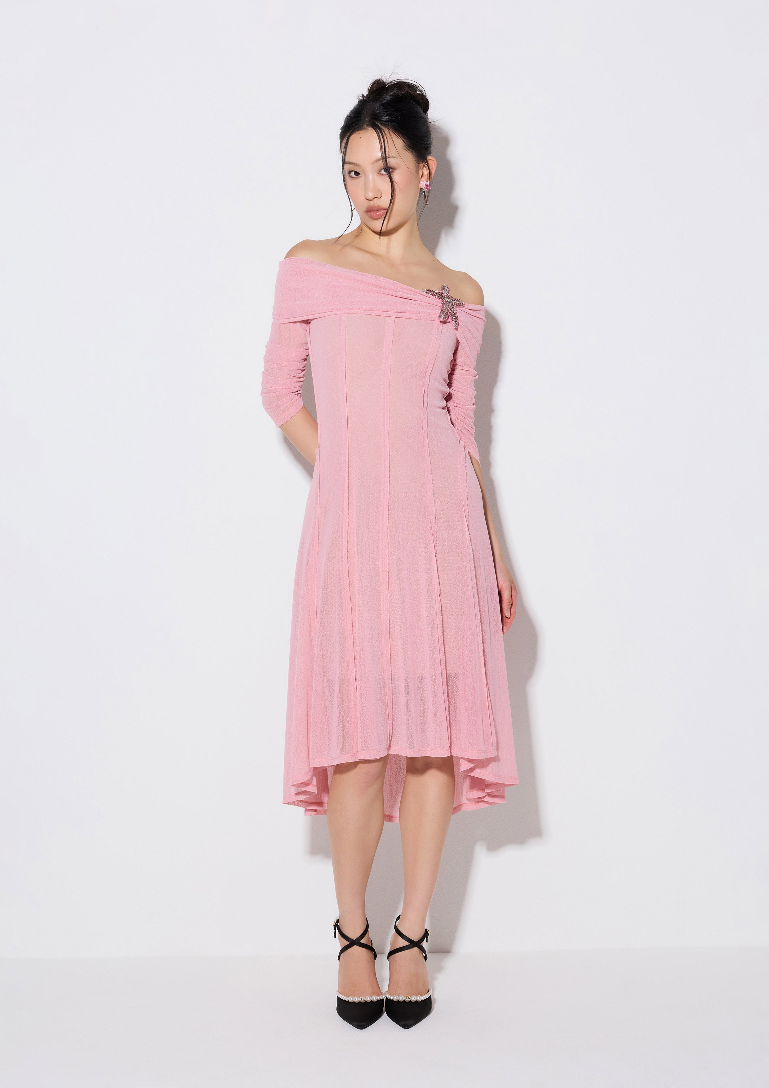 Sheer Off-Shoulder With Star Motif Embellished Midi Dress Weekender