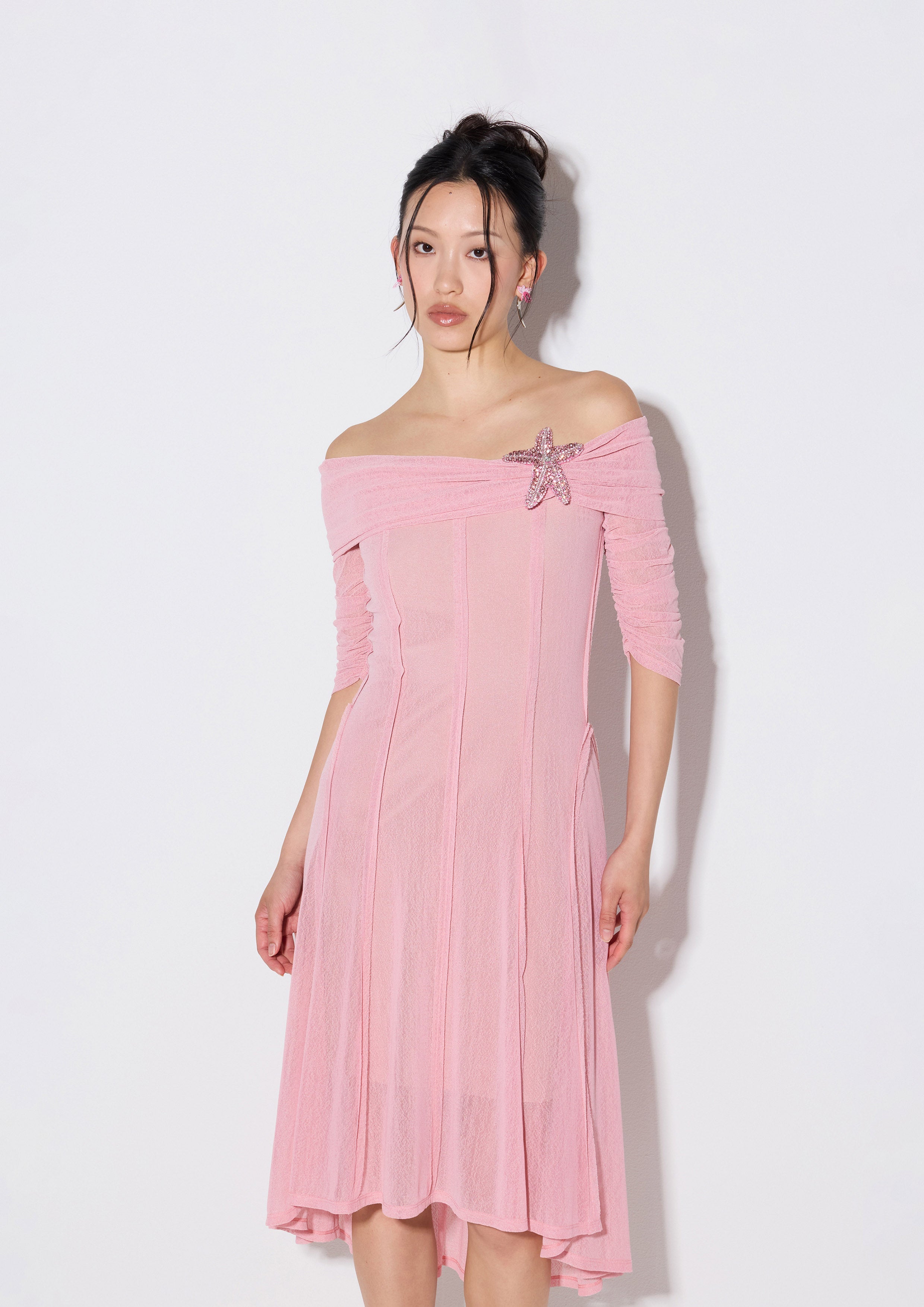 Sheer Off-Shoulder With Star Motif Embellished Midi Dress Weekender