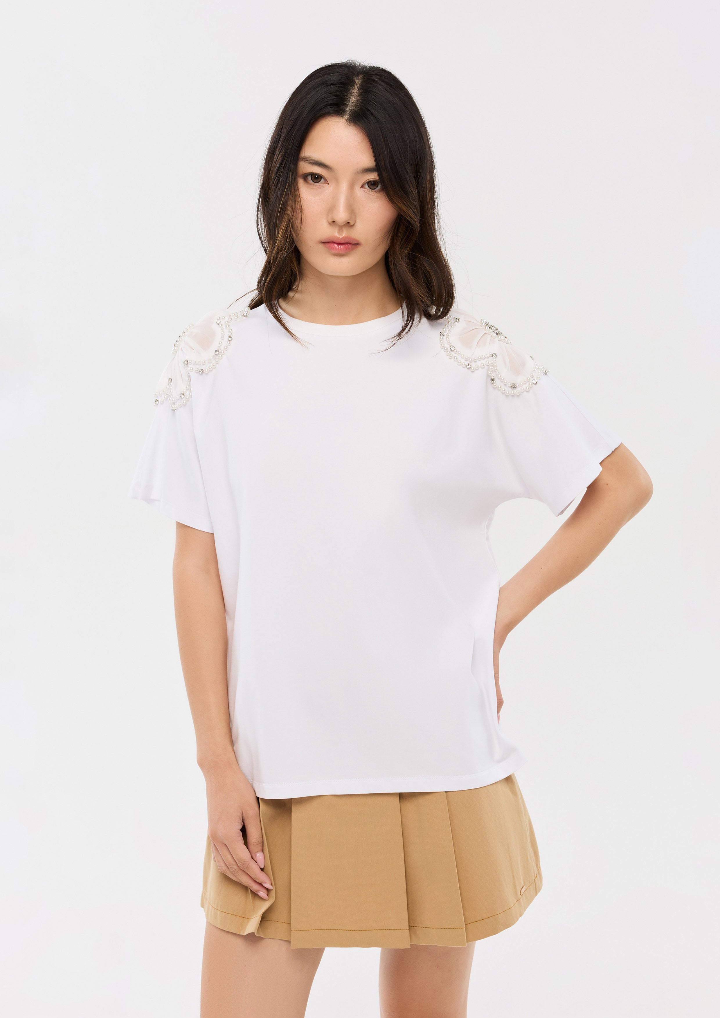 Crystal and Pearl Bead Embellished T-Shirt Oasis