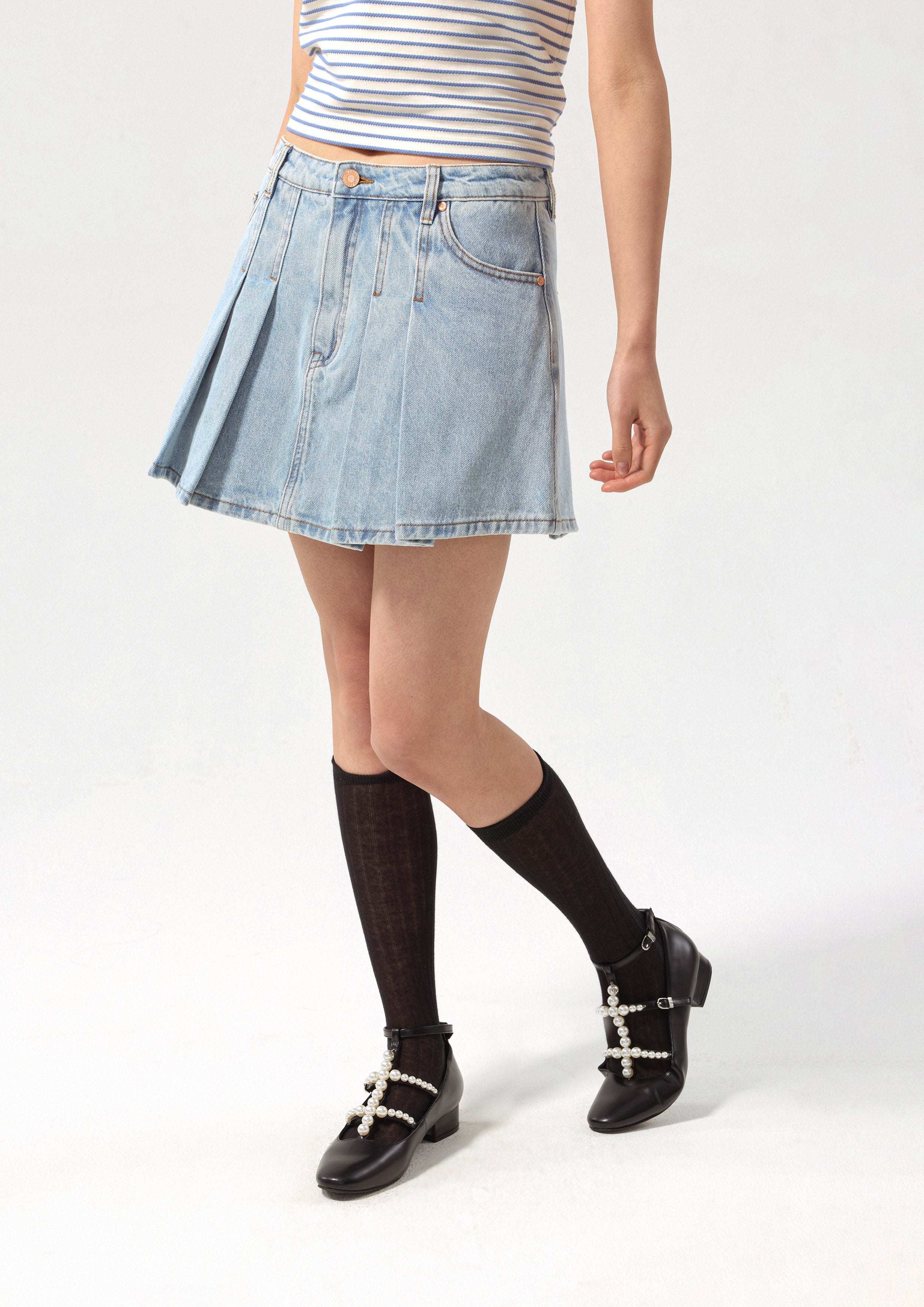 Pleated Denim Mini Skirt Basic Denim