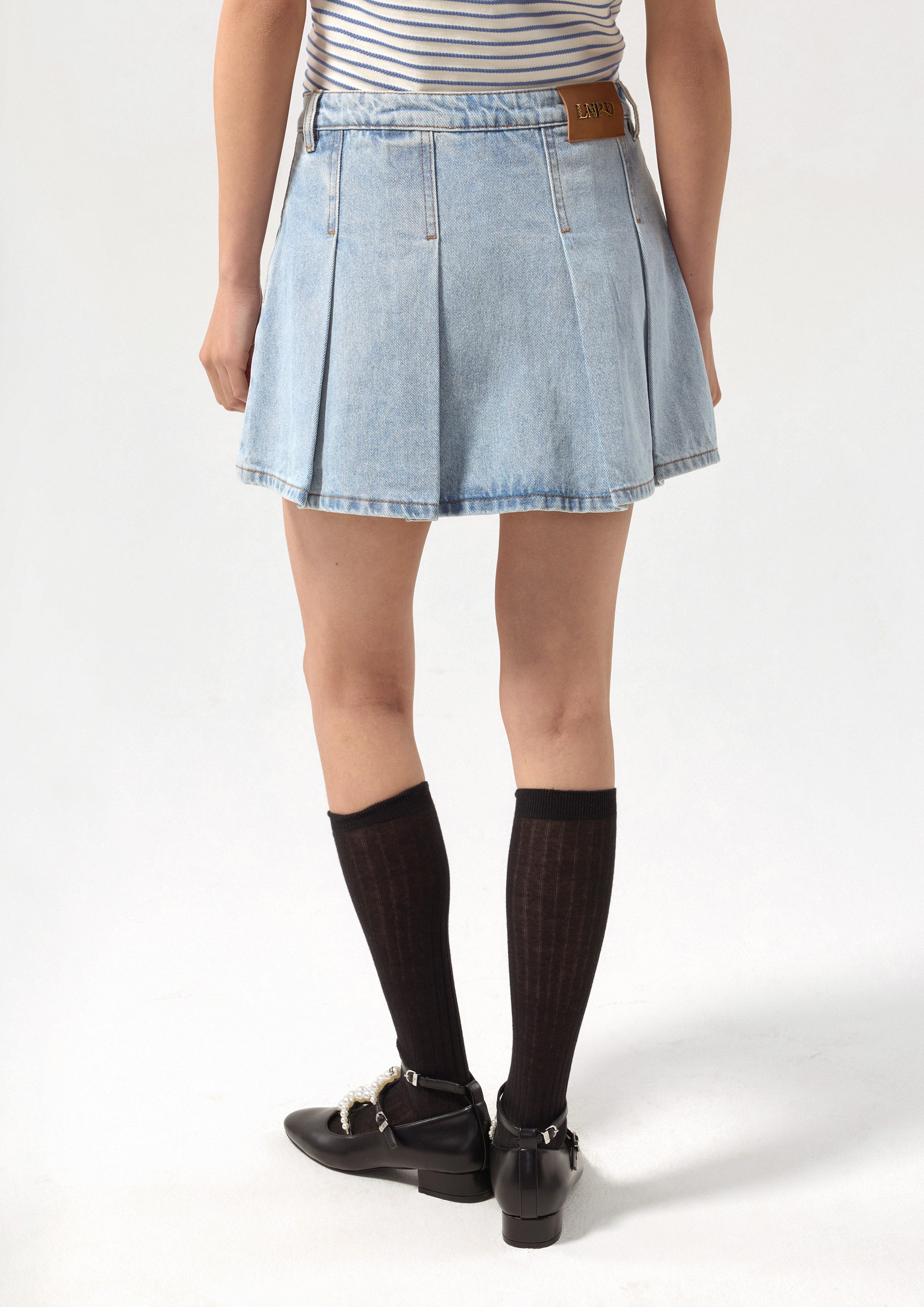 Pleated Denim Mini Skirt Basic Denim