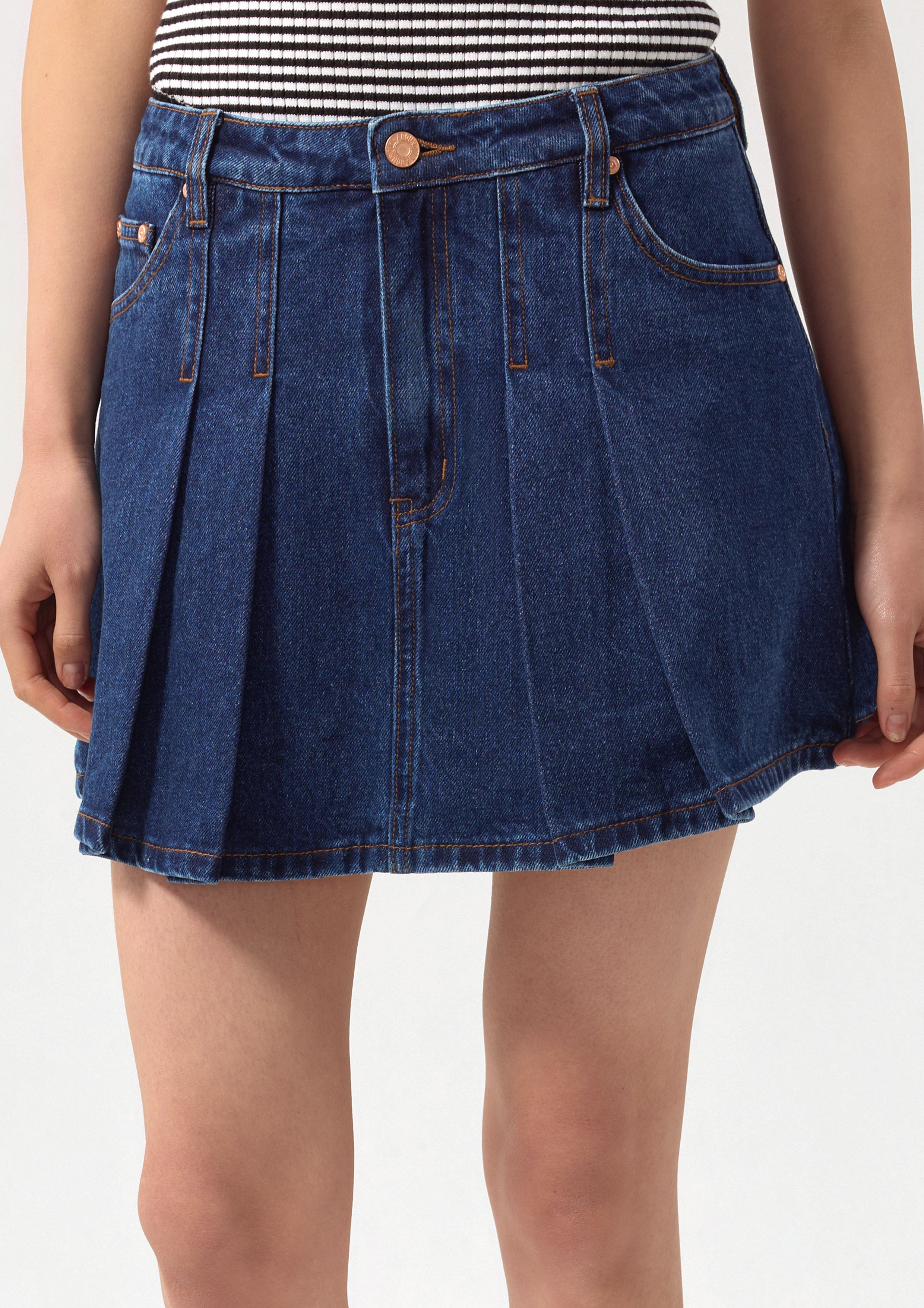 Pleated Denim Mini Skirt Basic Denim