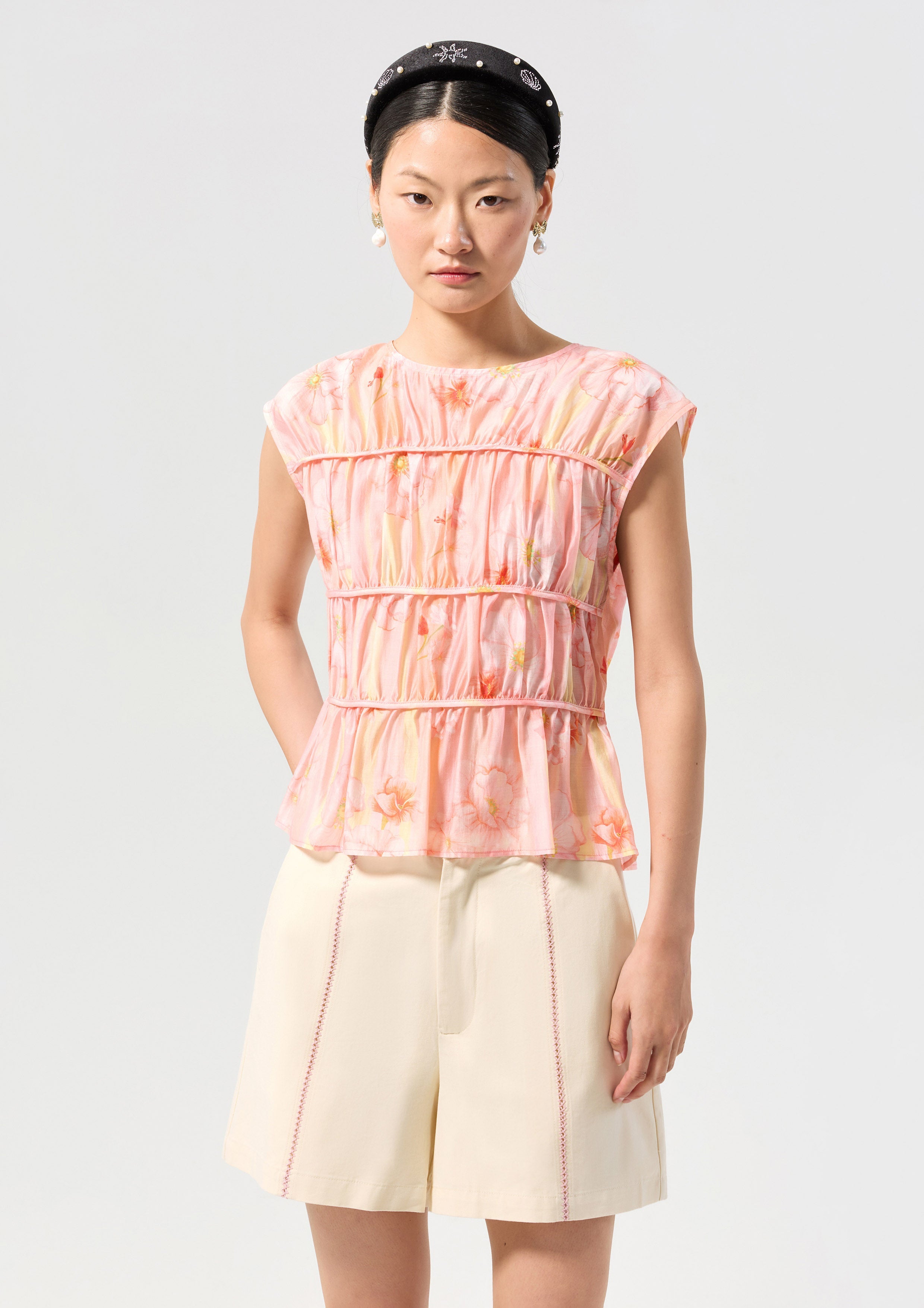 Satin Floral Print Ruched Sleeveless Blouse Oasis