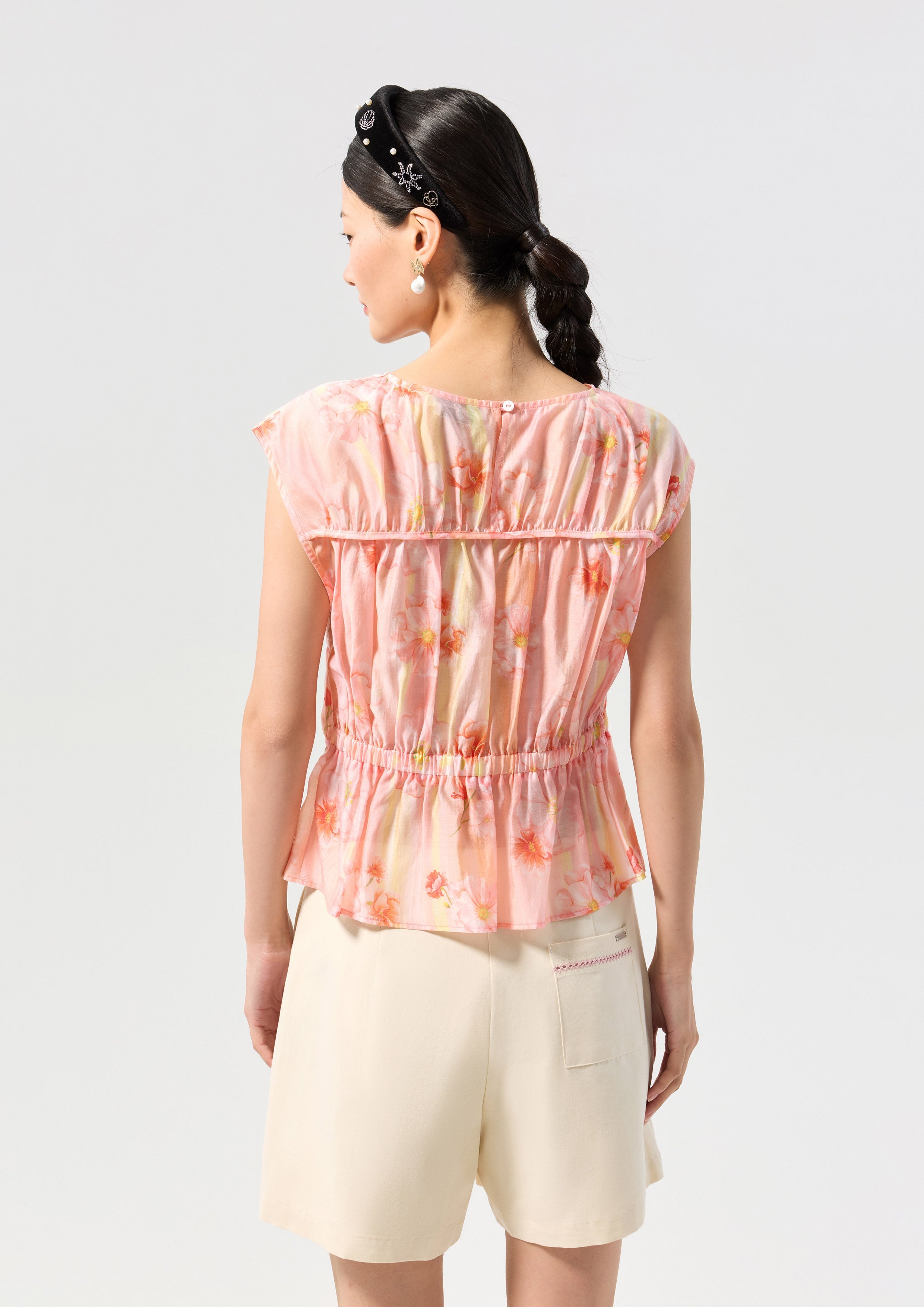 Satin Floral Print Ruched Sleeveless Blouse Oasis