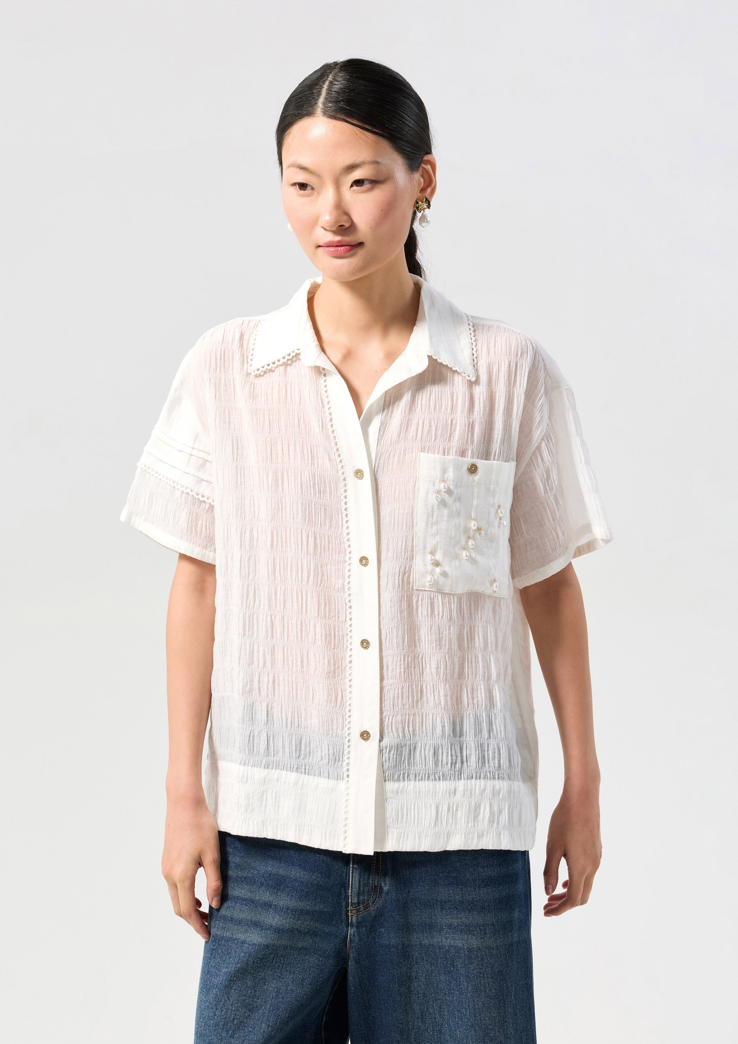 Crinkle Shirt With Pearl Bead Pocket Oasis