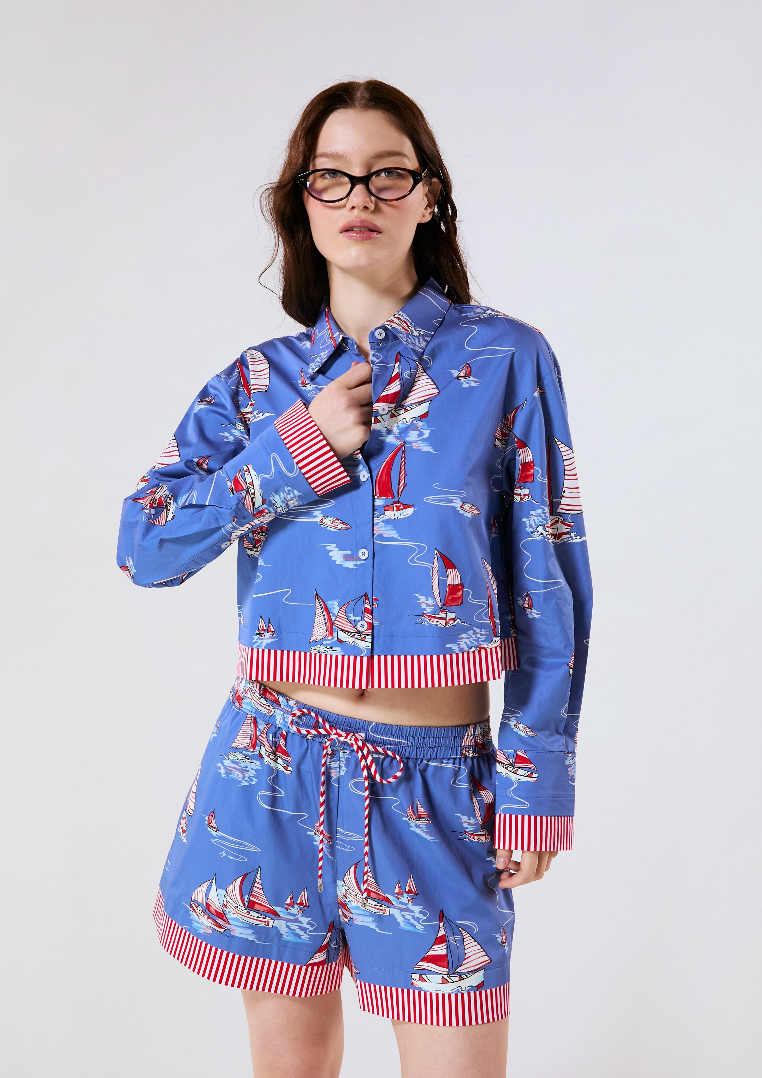 Sailing Print Crop Shirt Califonia Yacht Club