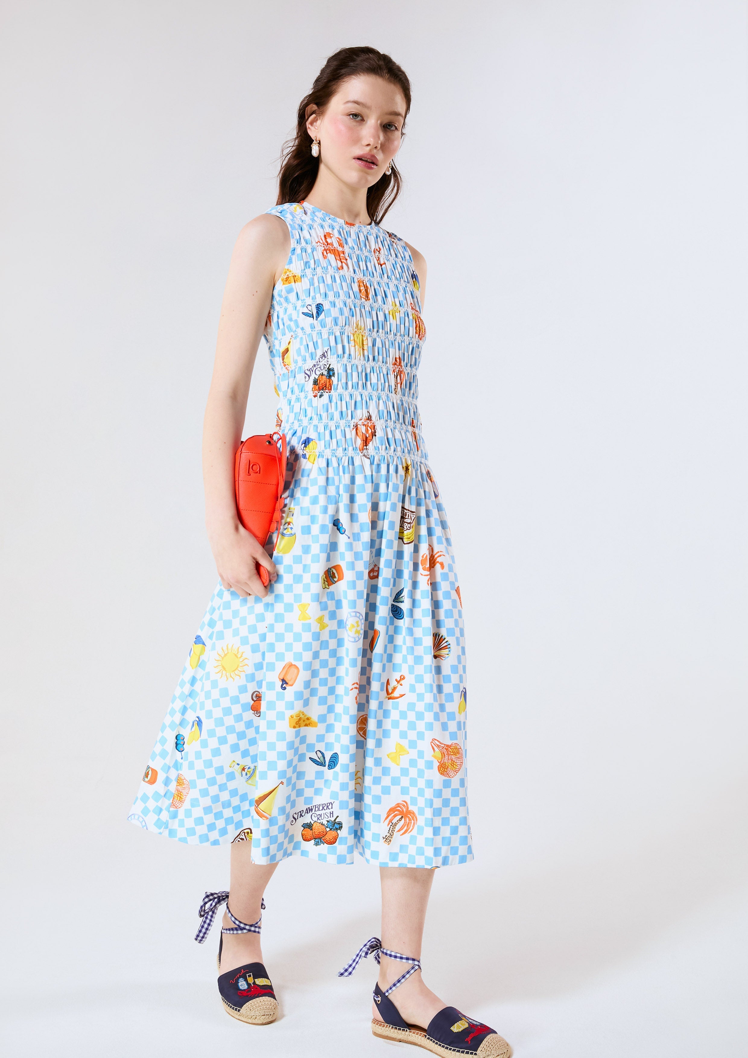 Gingham And Sticker Print Smocked Print Midi Dress Chasing the Sun