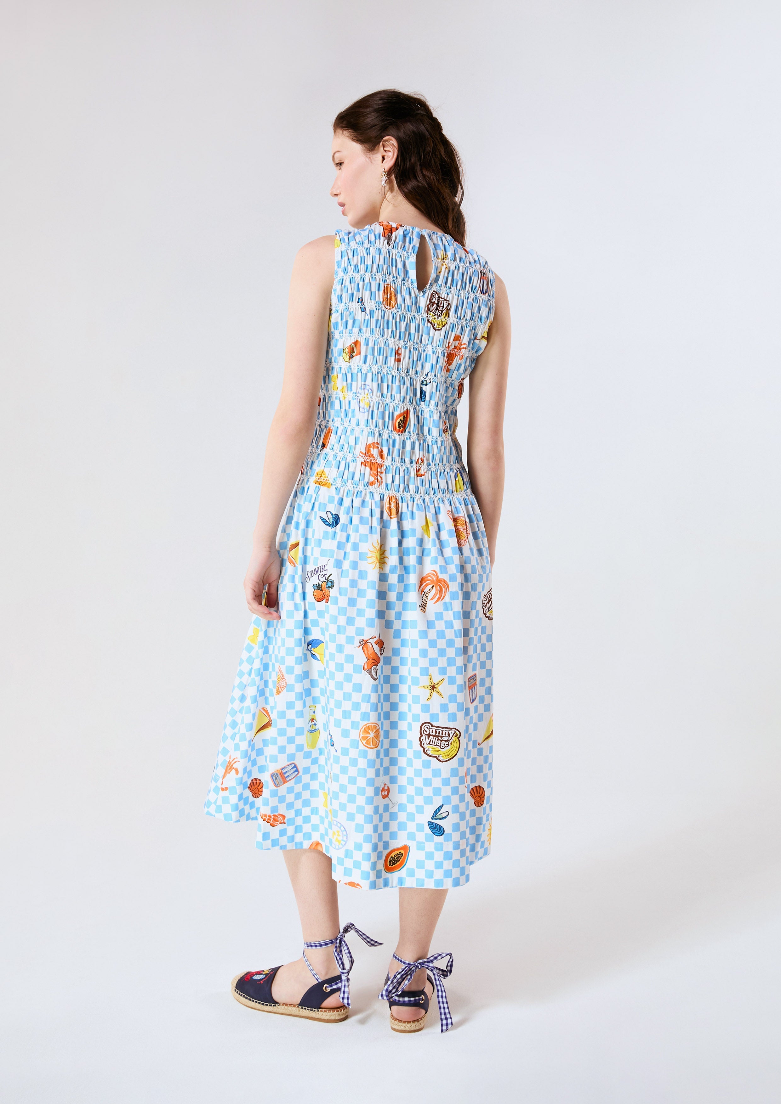 Gingham And Sticker Print Smocked Print Midi Dress Chasing the Sun