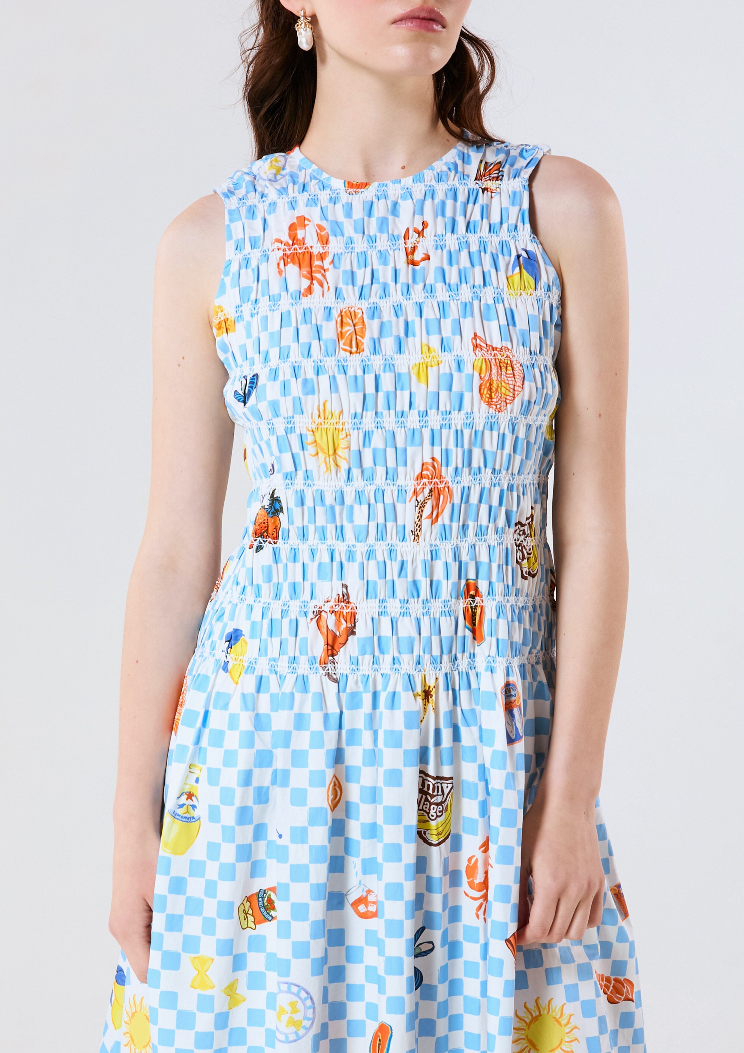 Gingham And Sticker Print Smocked Print Midi Dress Chasing the Sun