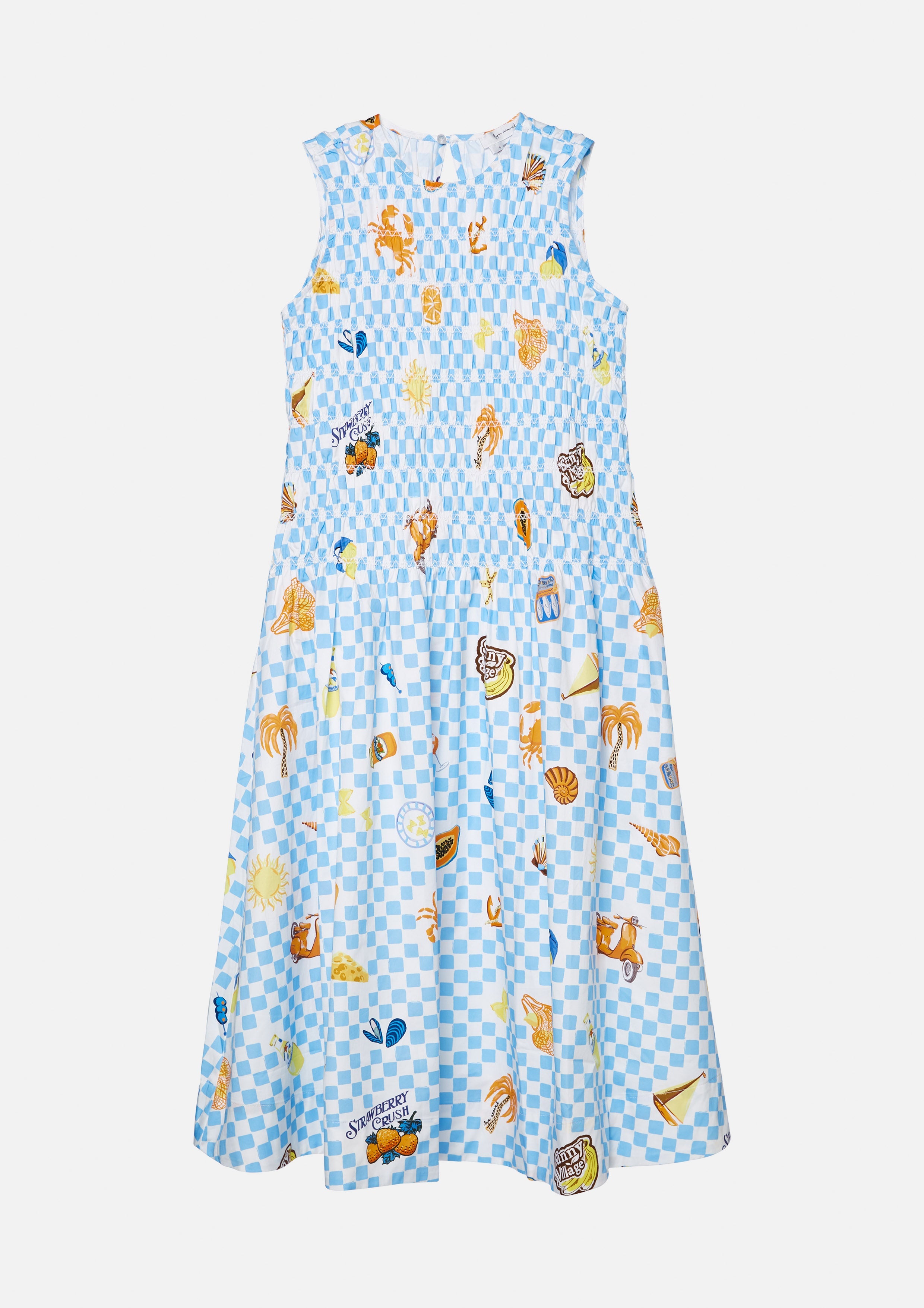 Gingham And Sticker Print Smocked Print Midi Dress Chasing the Sun