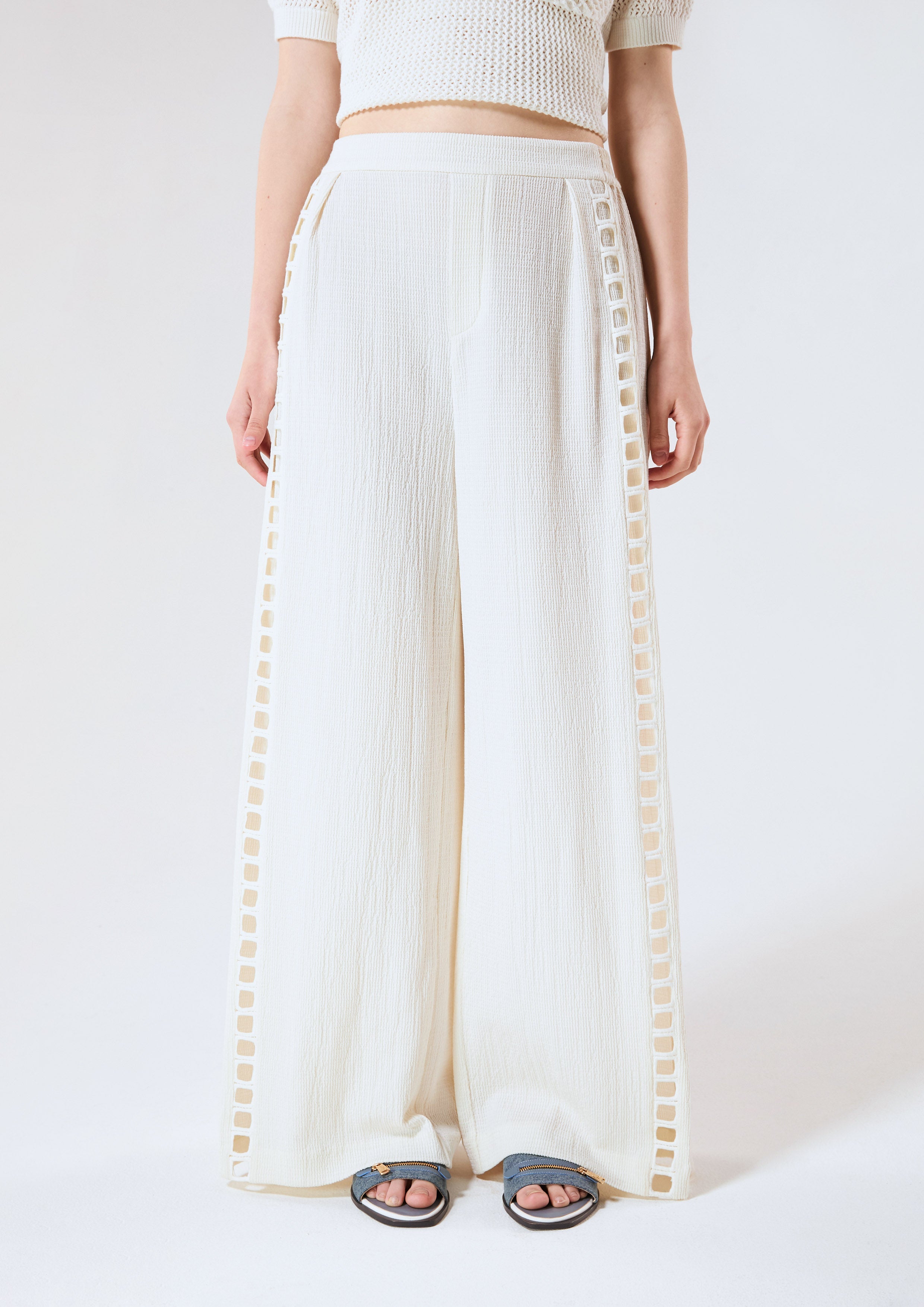 Side Laser Cut Wide Leg Trousers Chasing the Sea