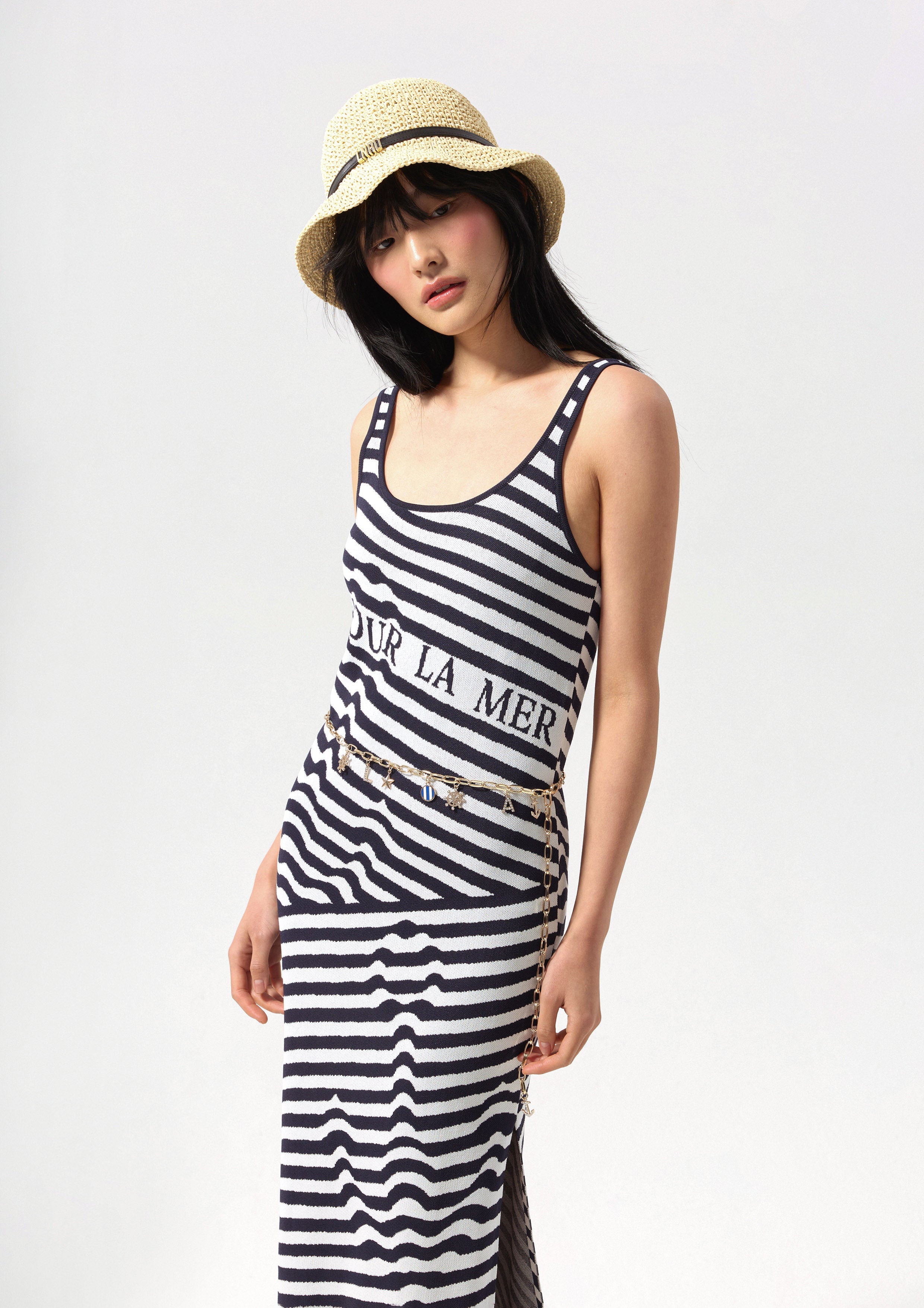 Stripe Side Slit Midi Dress Califonia Yacht Club