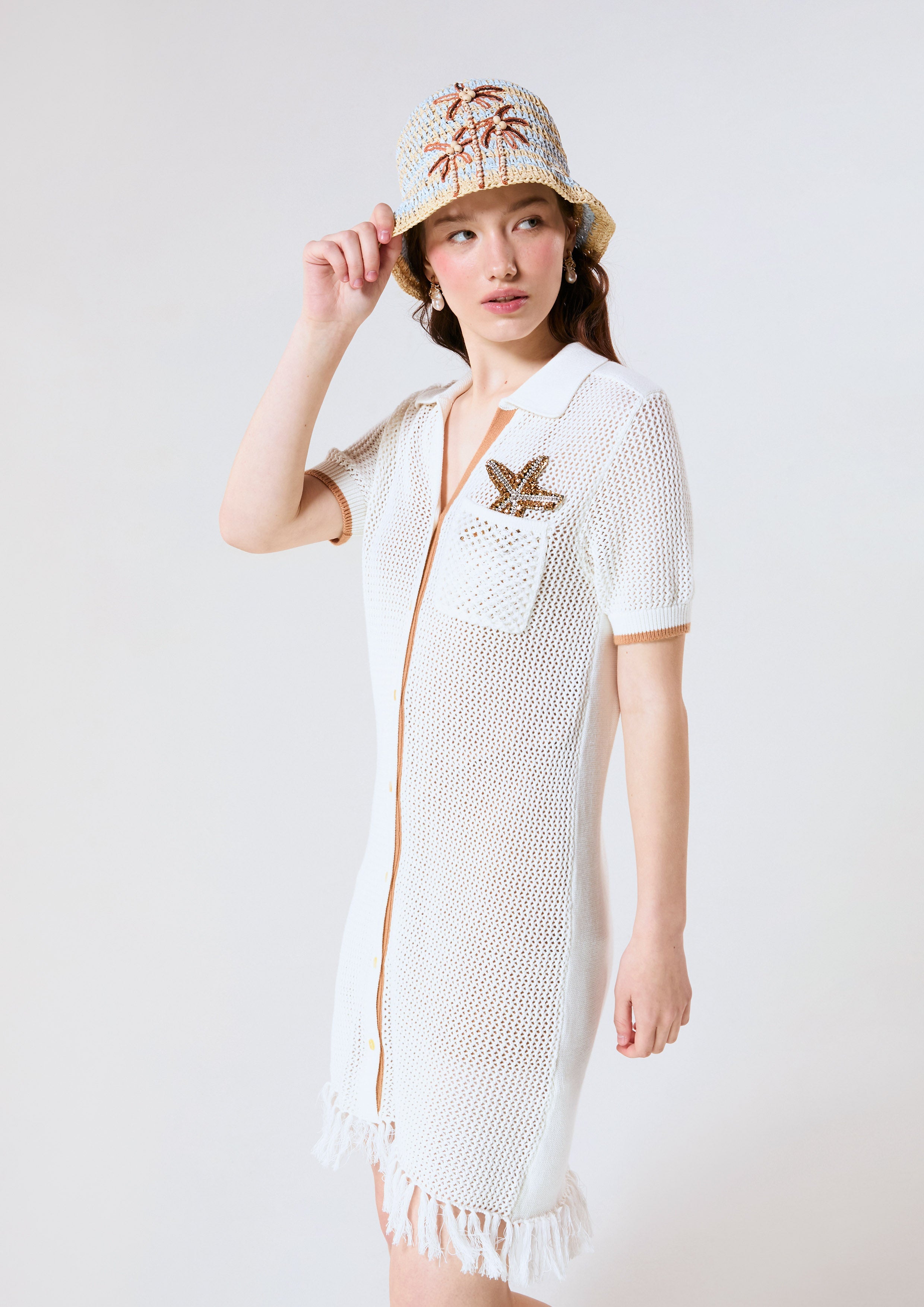 Star Motif Embellished Crochet Midi Dress With Inner Mini Dress Chasing the Sea