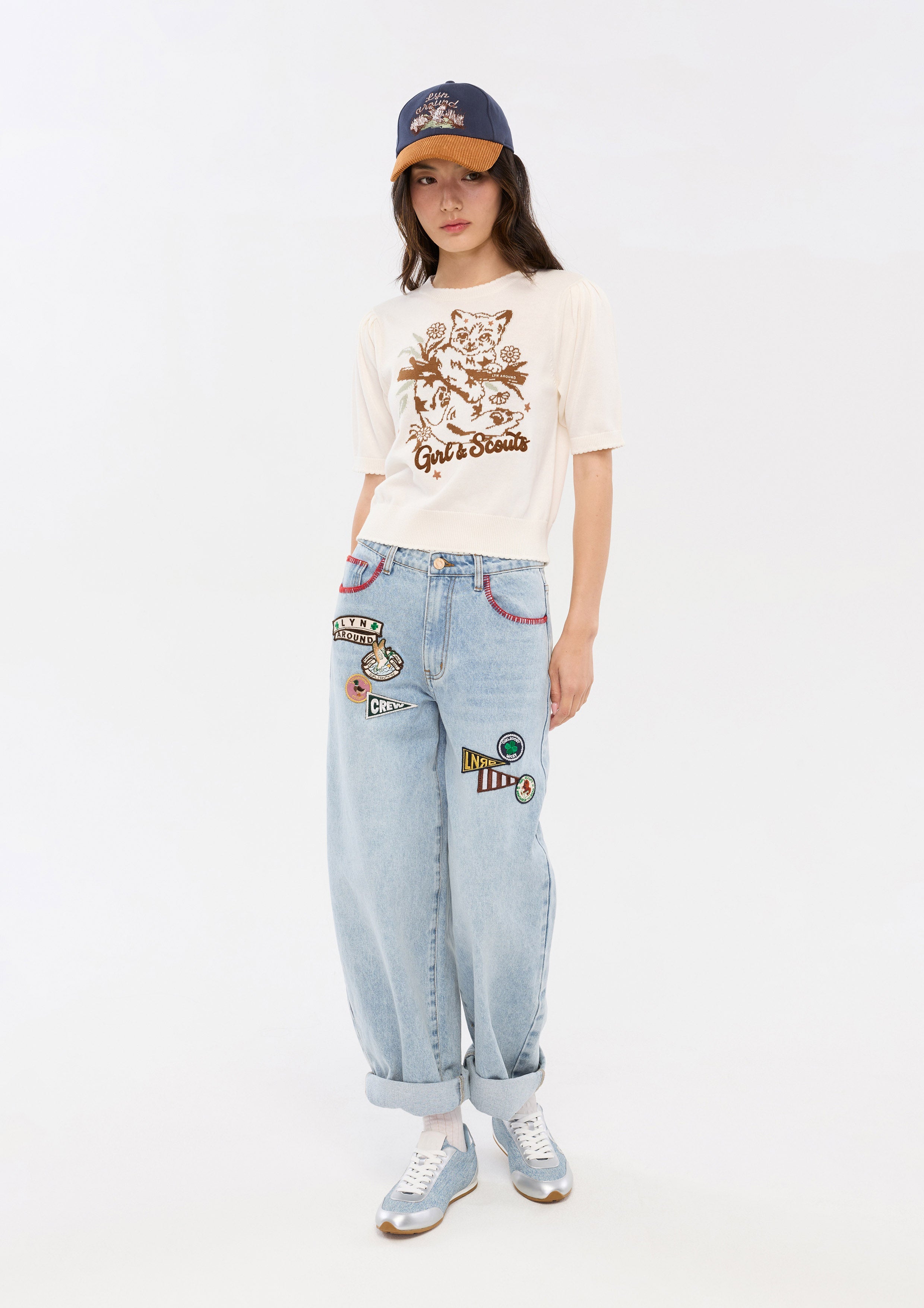 เสื้อนิตแขนสั้นปักลายแมว คอลเลกชัน Camp Diary