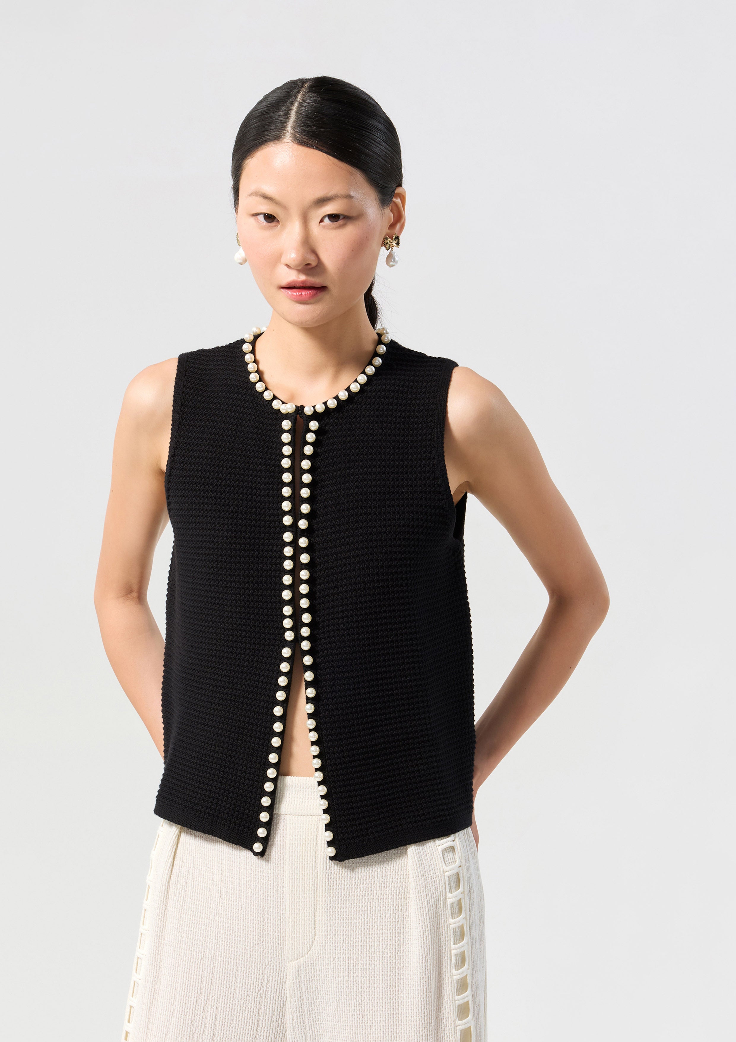 Pearl Bead Embellished Sleeveless Mesh Top Oasis